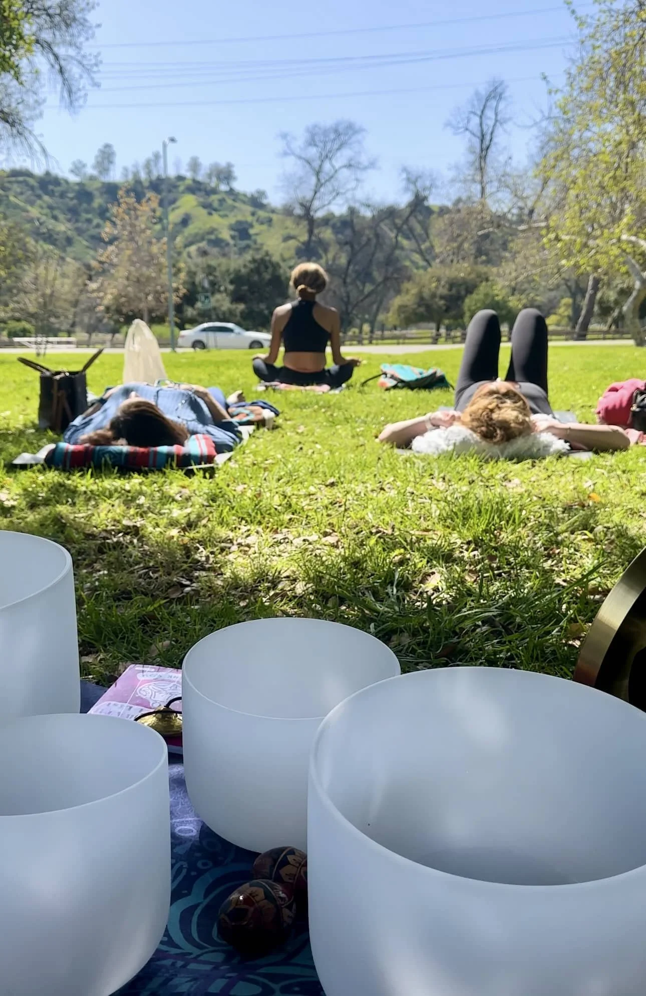 Outdoor yoga or meditation session with crystal singing bowls on grass