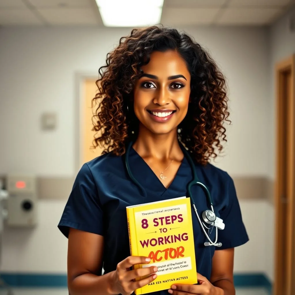 A young woman nurse with curly hair, wearing dark scrubs and a stethoscope around her neck, standing in a hospital hallway and holding a yellow book titled '8 Steps to Working Actor'.
