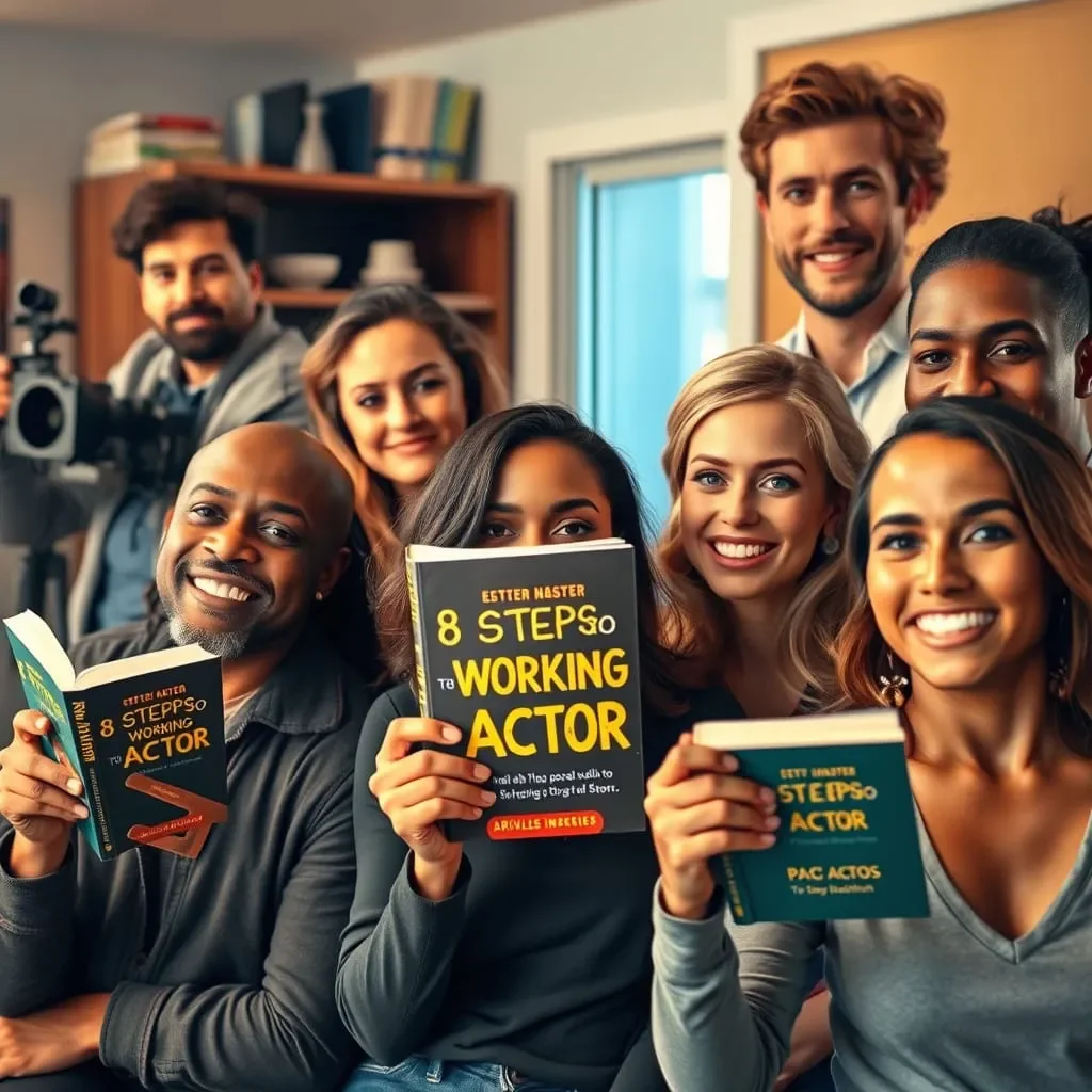 Group of diverse young adults in a classroom holding books about becoming a working actor, smiling and posing for the camera.