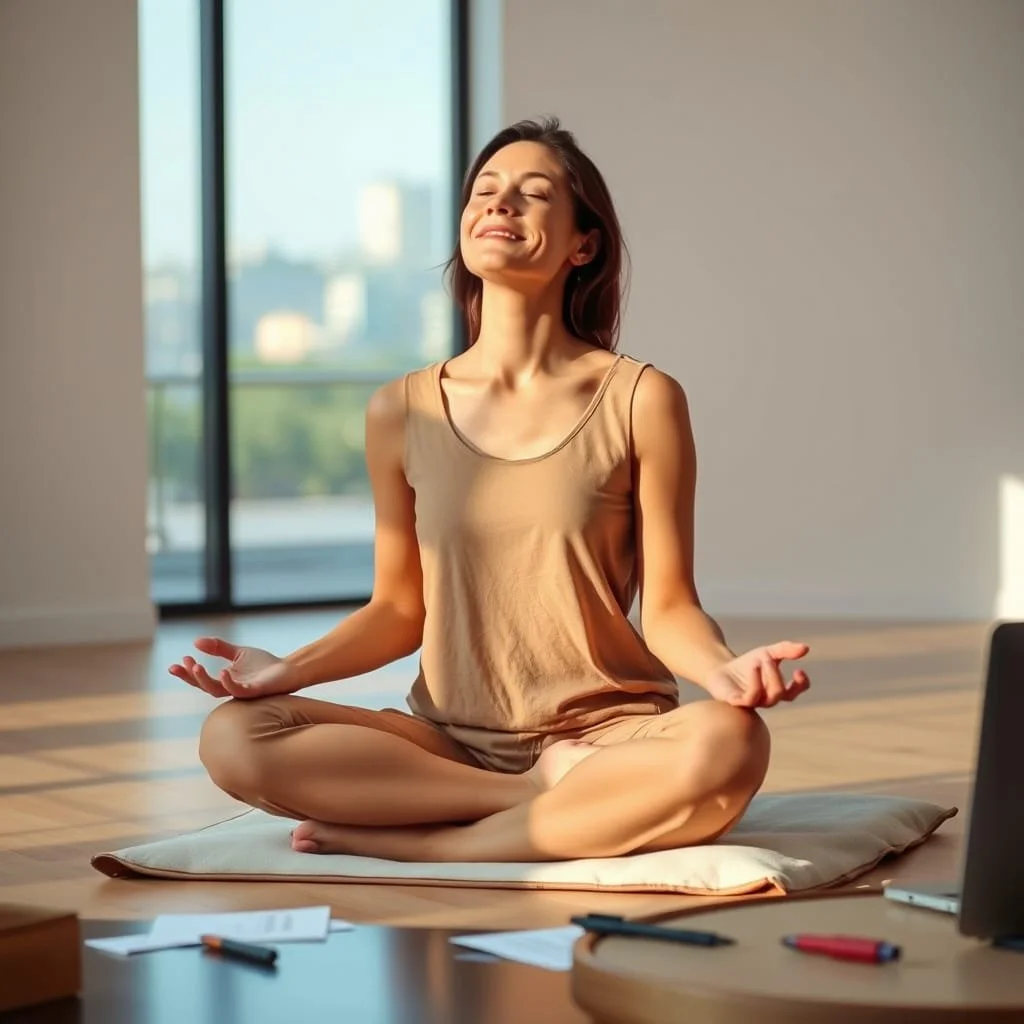 A woman practicing yoga or meditation on a cushion in a bright room with large windows.