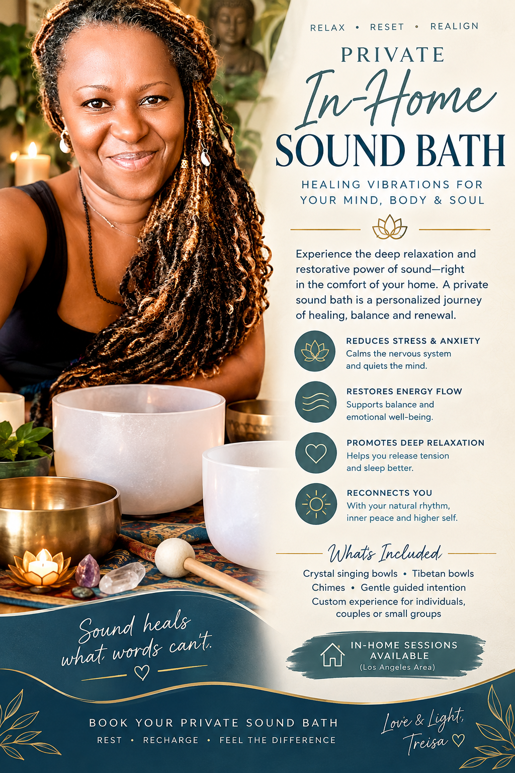 Advertisement for private in-home sound bath sessions featuring a smiling woman with long, curly hair near crystal singing bowls surrounded by candles and plants, promoting relaxation and healing.