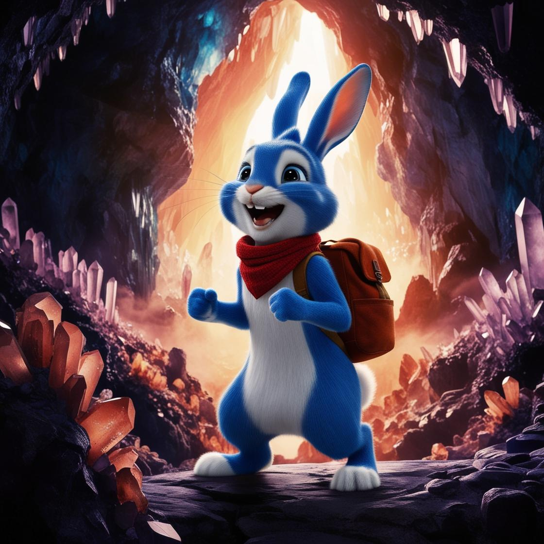 Animated blue and white rabbit with a red scarf and orange backpack standing inside a crystal cavern with glowing orange and purple crystals.
