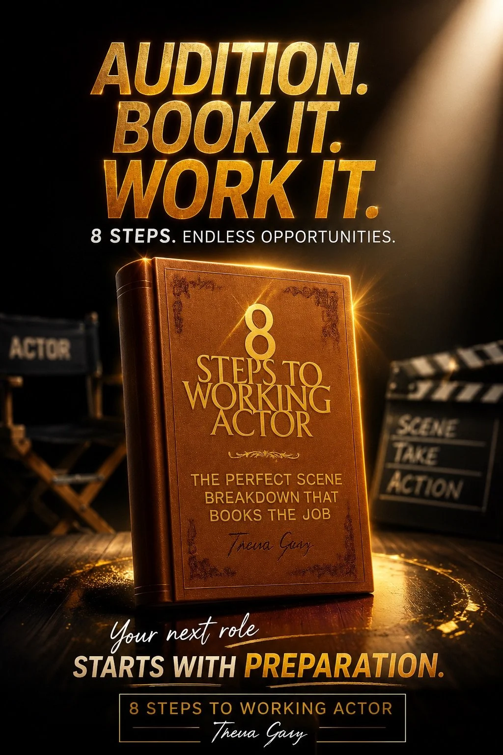 Poster ad a book titled "8 Steps to Working Actor" by Treisa Gary, with the tagline "The perfect scene breakdown that books the job," featuring a brown book with gold lettering, a director's clapboard, and a director's chair in the background.