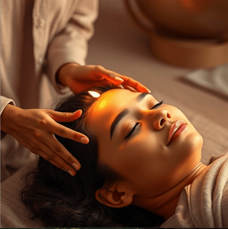 Woman receiving a healing or massage therapy session with hands placed on her forehead and head, lying on a massage table with closed eyes, in a calming indoor setting.