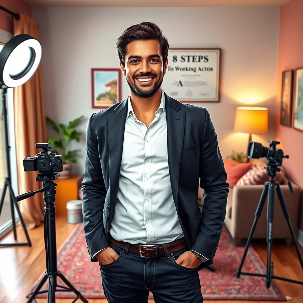 A smiling man in a suit standing in a home studio with professional lighting and camera equipment.
