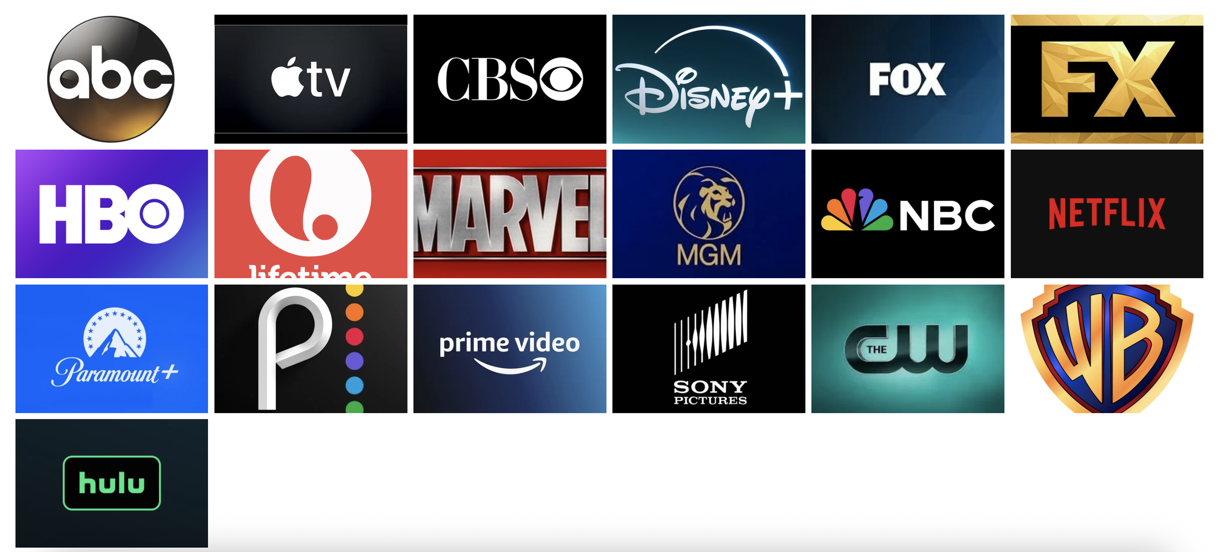 Grid of streaming service logos including ABC, Apple TV, CBS, Disney+, FOX, FX, HBO, Lifetime, Marvel, MGM, NBC, Netflix, Paramount+, Prime Video, Sony Pictures, The CW, WB, and Hulu.