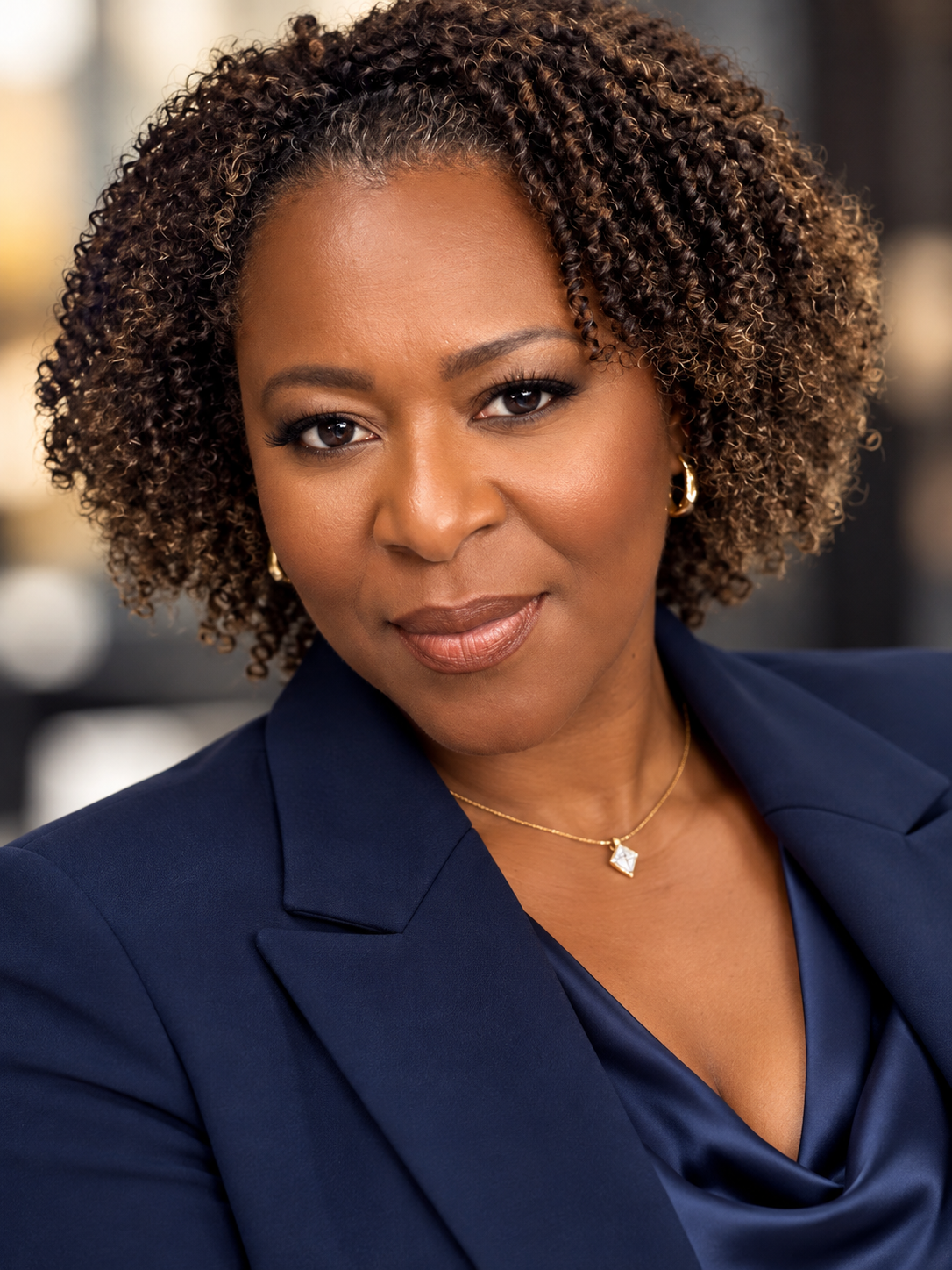 A confident actor, Treisa Gary with curly brown hair wearing a navy blazer, gold jewelry, and makeup, posing for a professional headshot portrait.