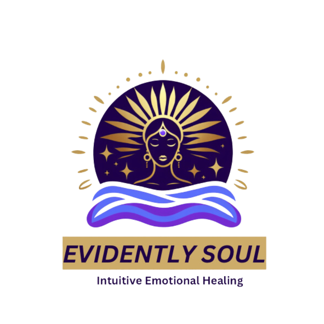 Logo for Evidently Soul featuring a stylized female face with closed eyes, a jewel on her forehead, earrings, surrounded by golden rays, stars, and waves, with the tagline "Intuitive Emotional Healing."