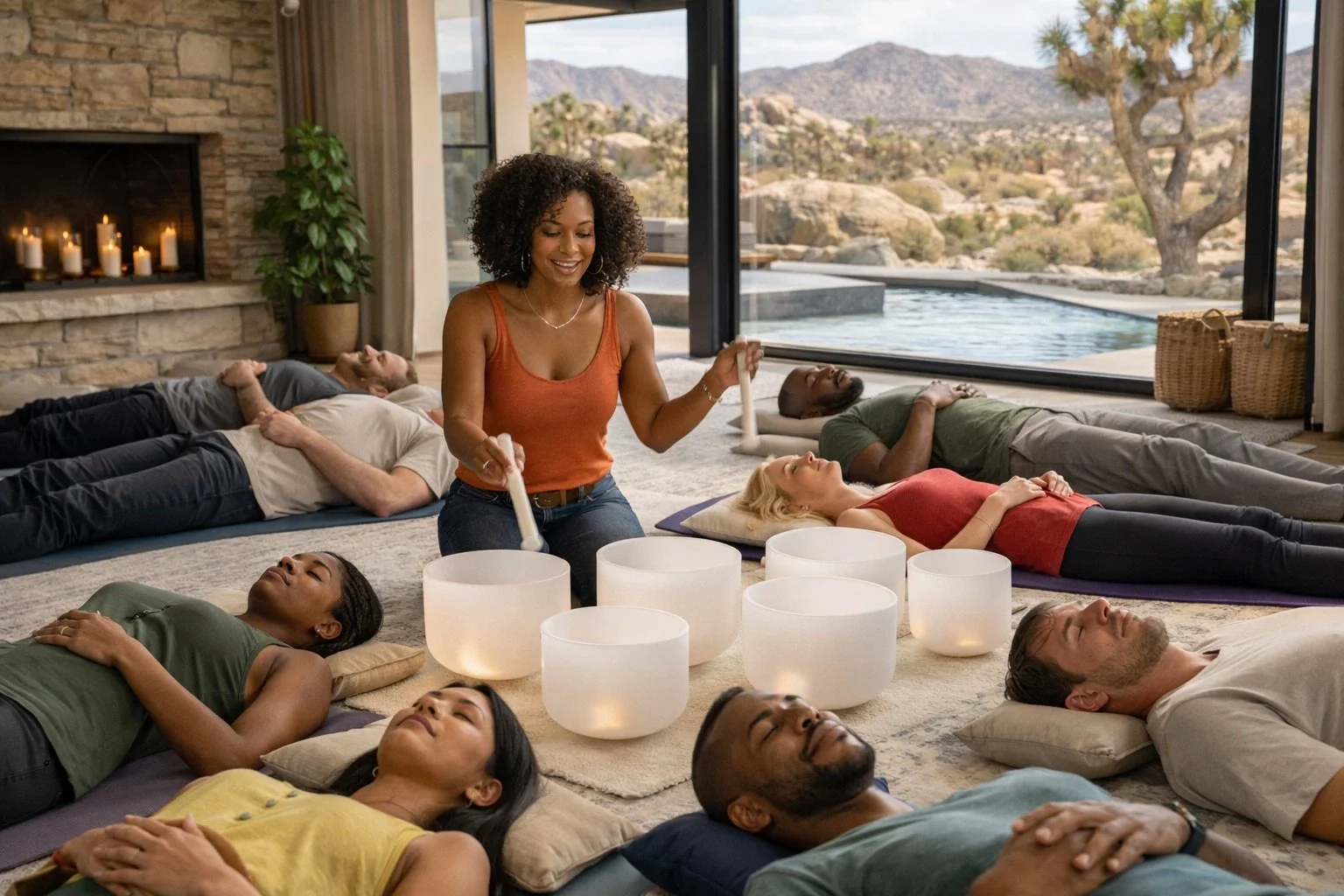 A group of people lying down on yoga mats in a cozy room with a fireplace and large windows showing a desert landscape. A woman is happily playing crystal singing bowls.