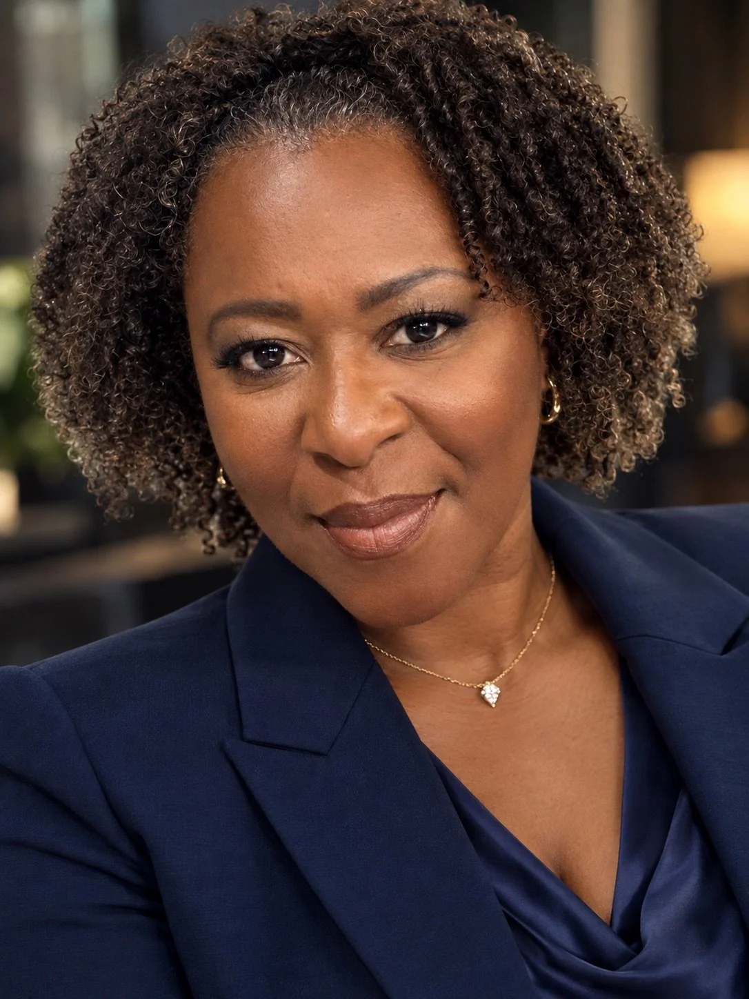 A confident actor, Treisa Gary with curly brown hair wearing a navy blazer, gold jewelry, and makeup, posing for a professional headshot portrait.