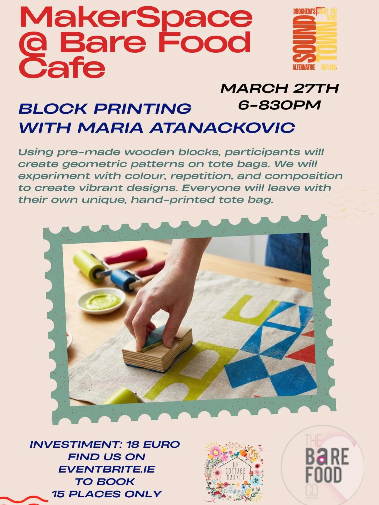 If you missed my last block printing workshop, I&rsquo;ve another one lined up on Friday 27th March at Bare Food Cafe, Drogheda. 

It&rsquo;s only &euro;18 and you&rsquo;ll leave with your own block printed tote bag. All materials will be provided, a