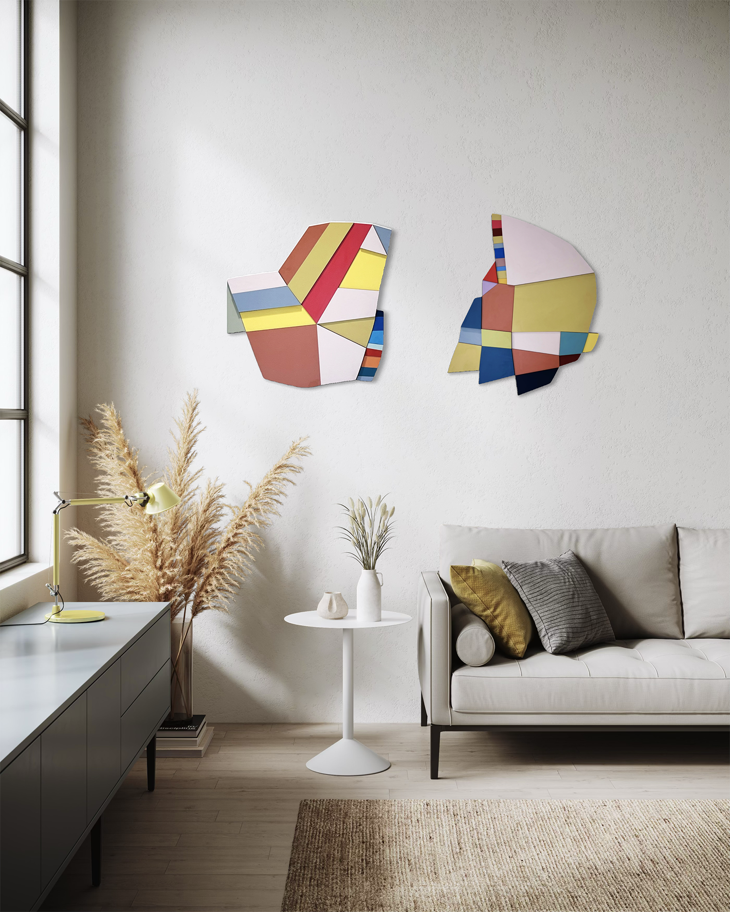 "Aria" and "Aviate" two laser cut birch ply and formica wall sculptures