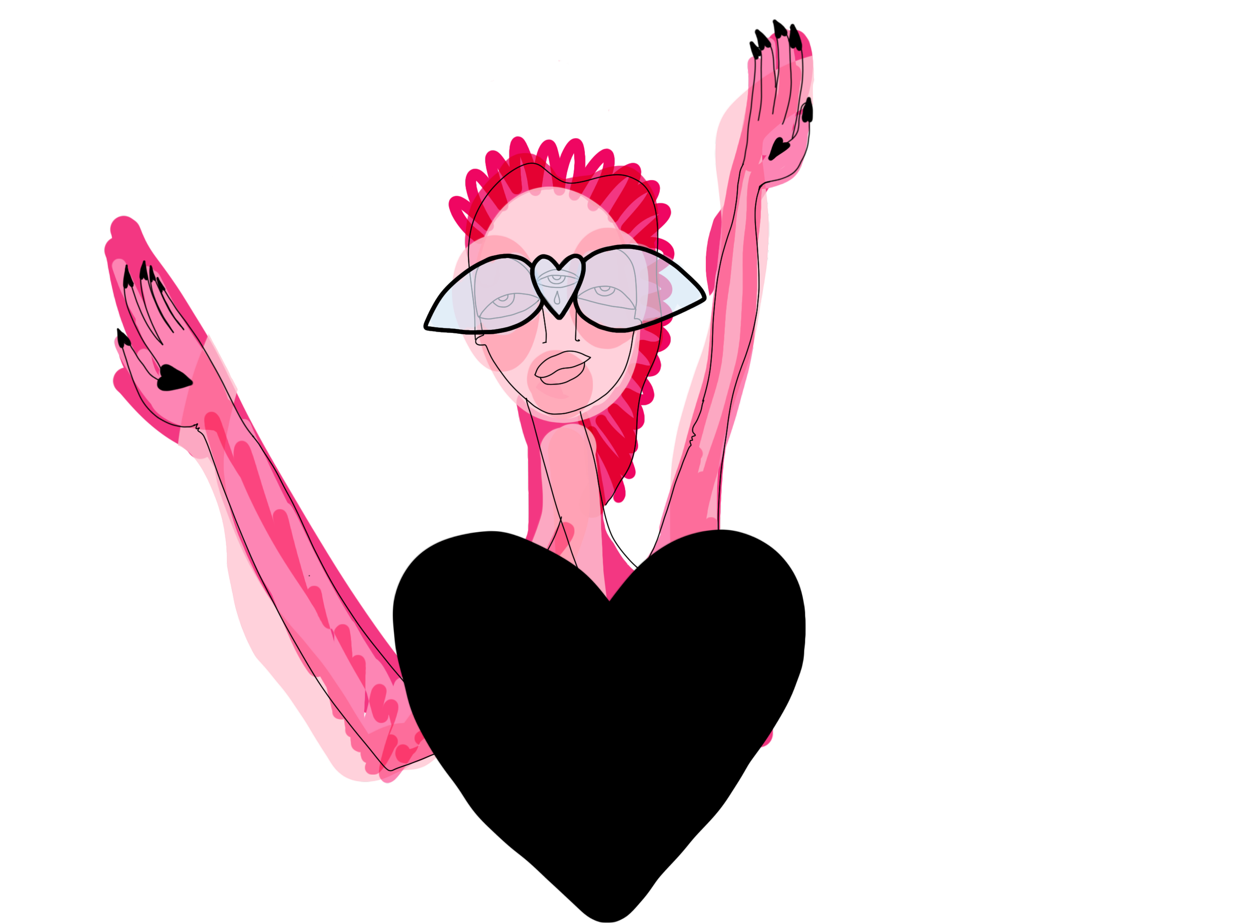 A stylized illustration of a woman with pink hair, wearing large glasses with heart-shaped accents, a strapless black dress, and smiling with her hands up in joyful gesture.