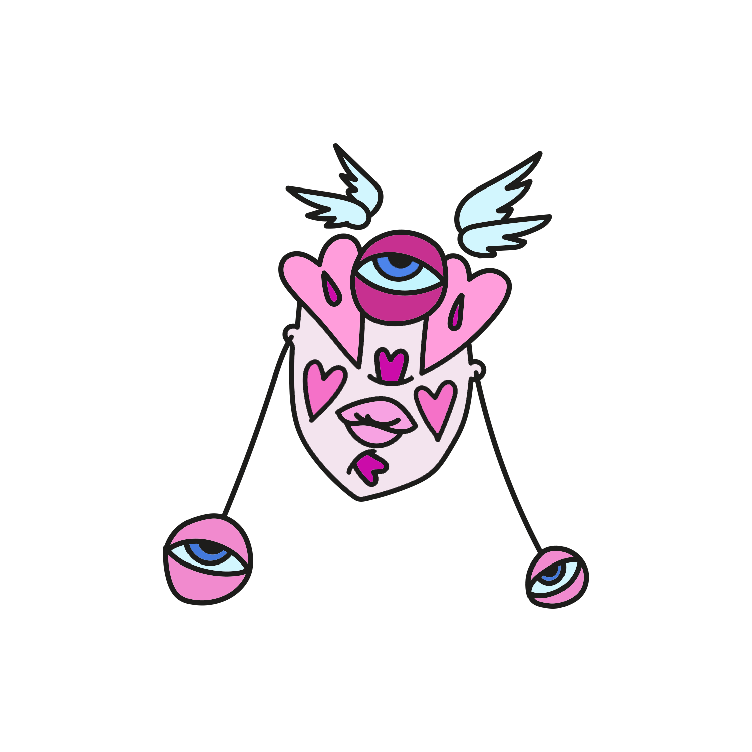 Digital illustration of a surreal face with a large third eye, surrounded by hearts, with wings, and additional eyes on the cheeks, all on a black background.