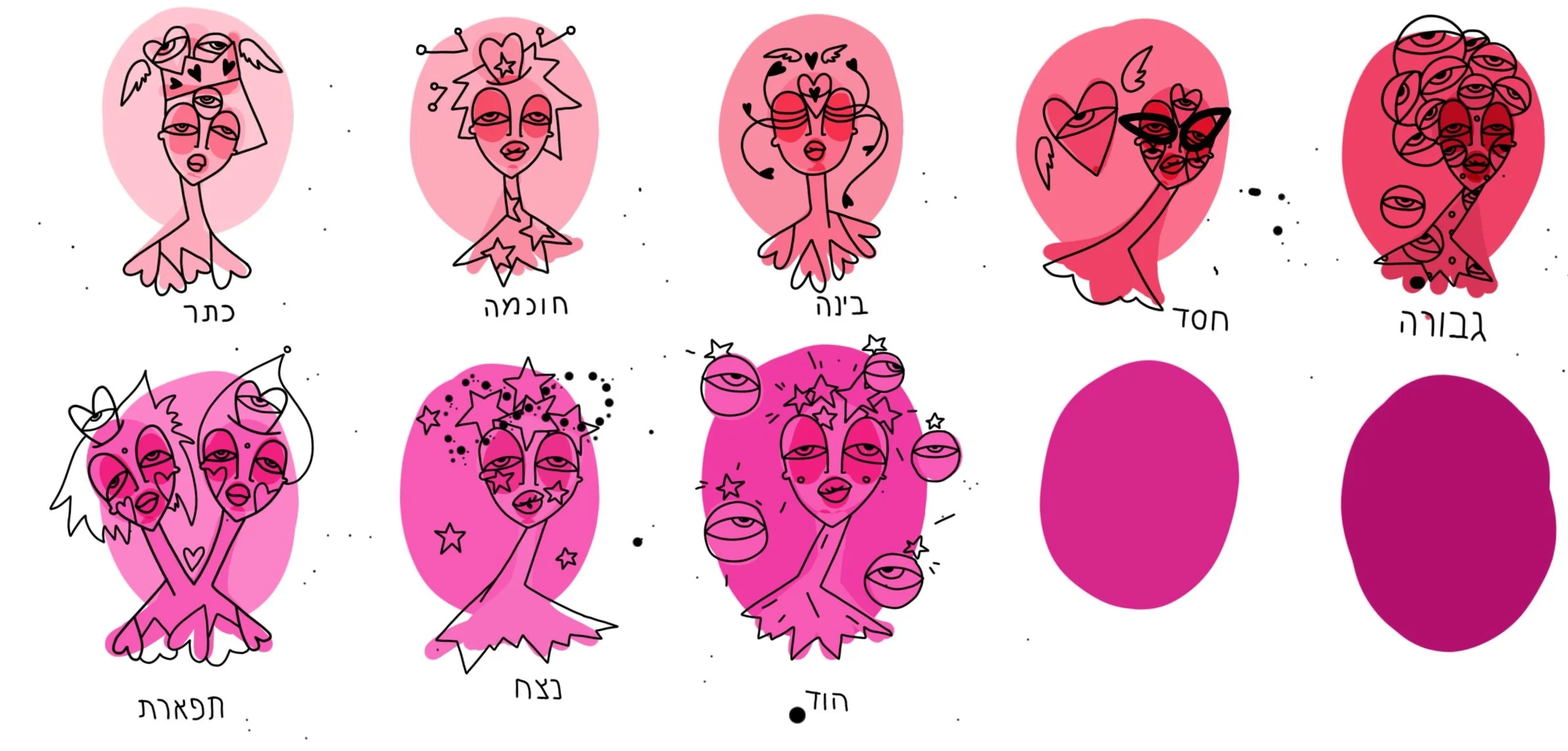 Ten stylized, cartoon-like female faces with unique hairstyles and facial features, each labeled with a Hebrew word underneath. The faces are illustrated with black outlines, pink blush, and some with additional decorative elements like stars and hea