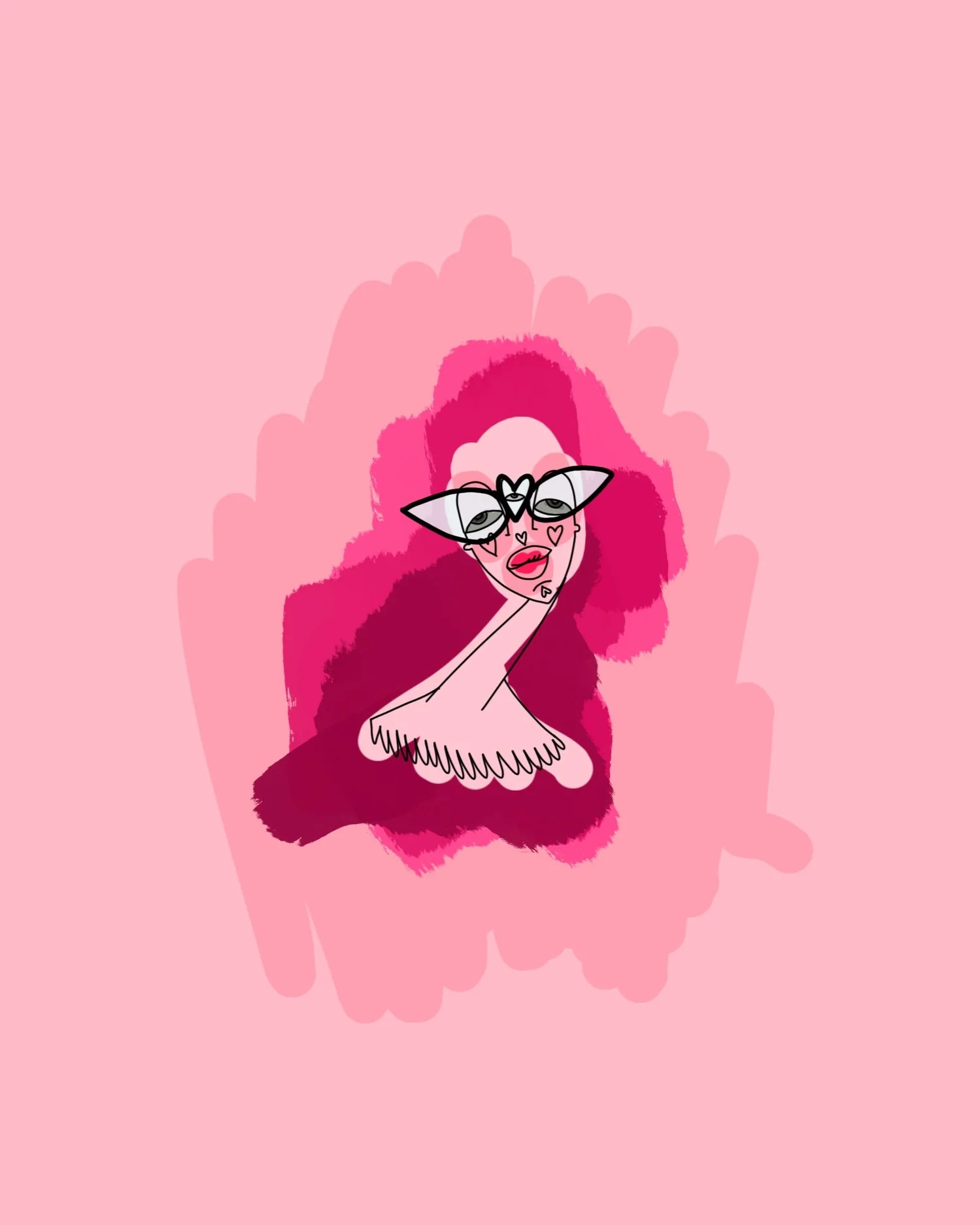 Abstract digital artwork of a woman with large glasses, long neck, and vibrant pink hair, set against a pink background with painterly pink and dark pink brush strokes.