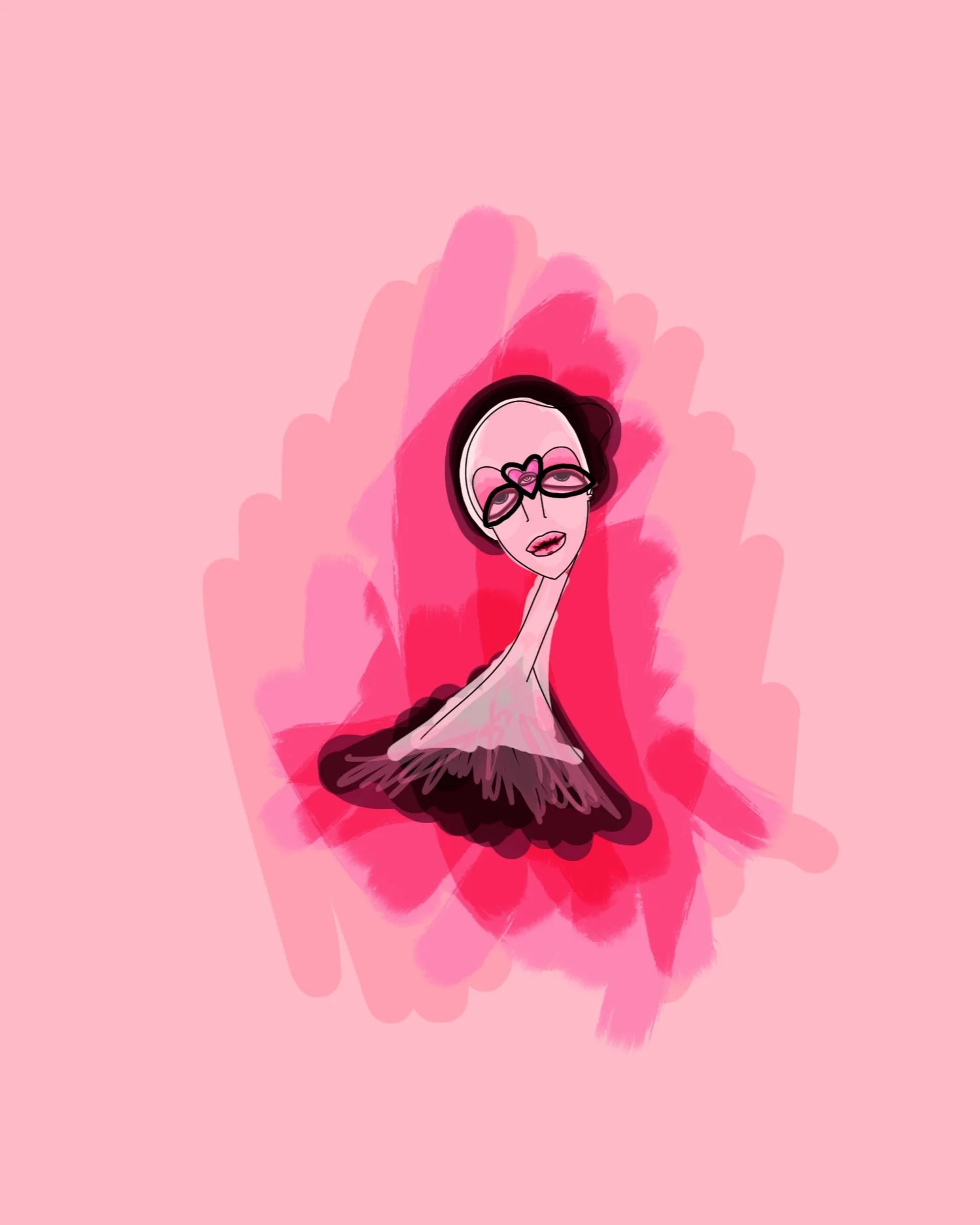Illustration of a stylish woman with dark hair, wearing pink glasses with hearts on them, against a pink and red watercolor background.