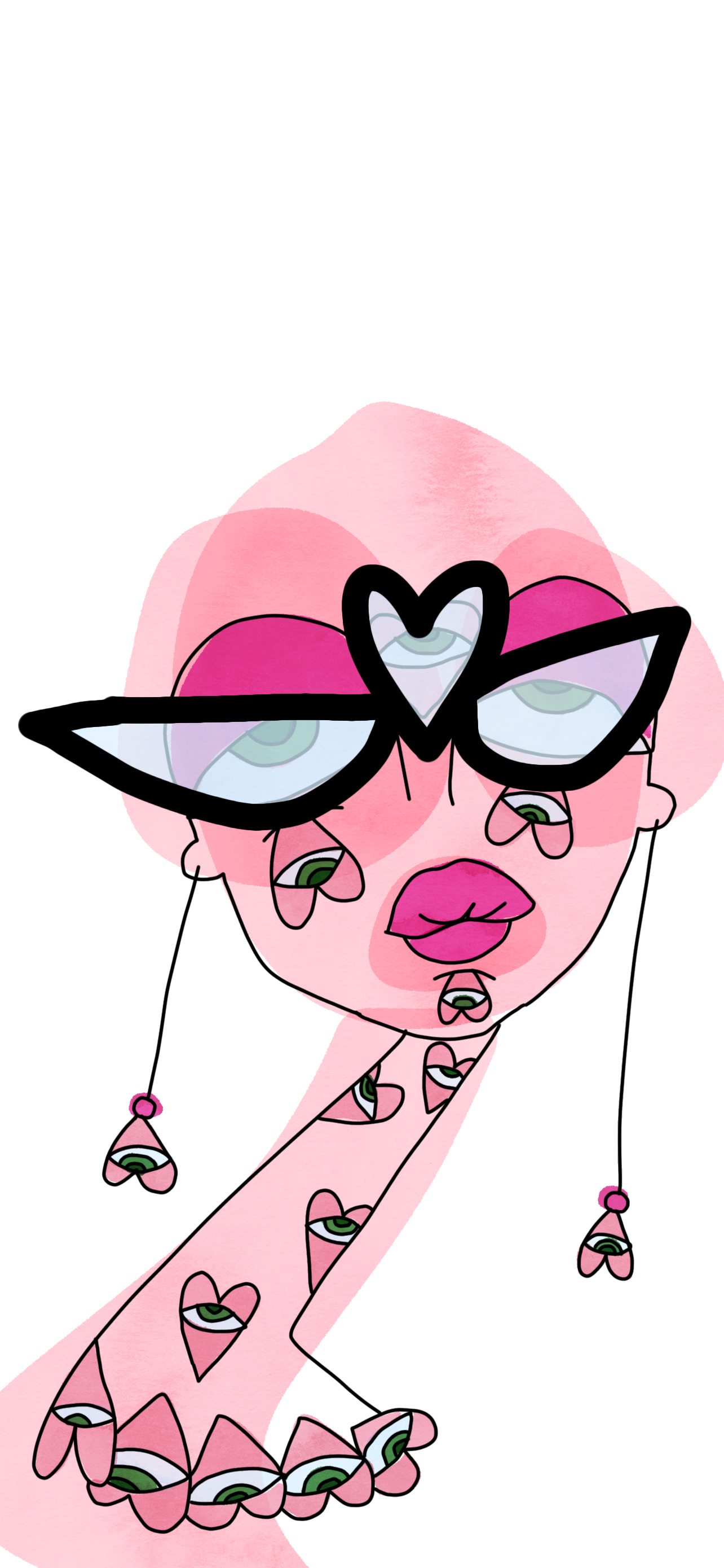 A stylized illustration of a woman's face with pink hair, wearing large black-tinted glasses shaped like hearts and butterfly wings. Tears fall from her eyes, and her lips are pink. Her long flowing dress is decorated with eye motifs.