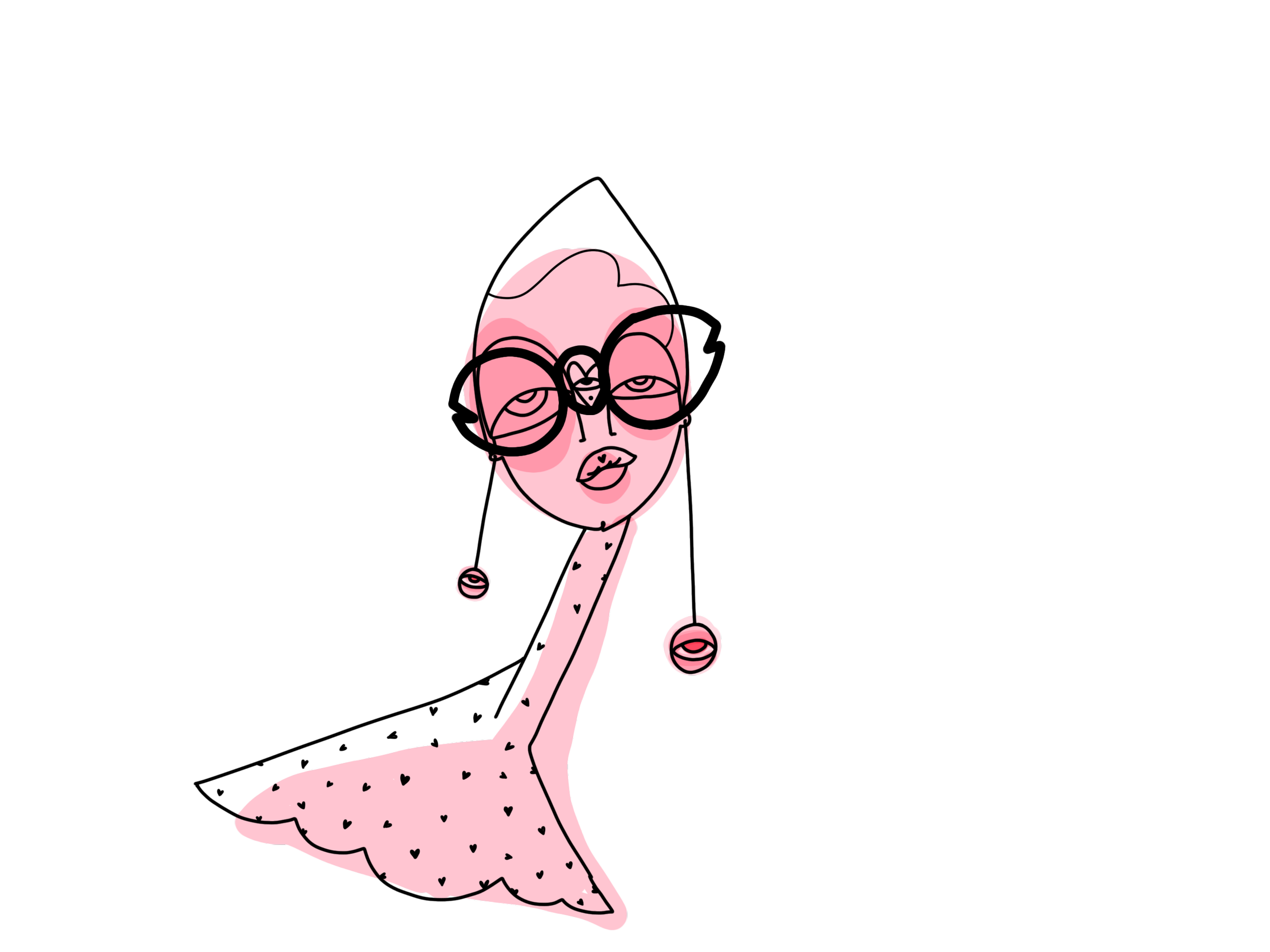 Cartoon illustration of a woman with pink skin, large glasses, pink lips, and a long neck, sitting at a table with a black background.