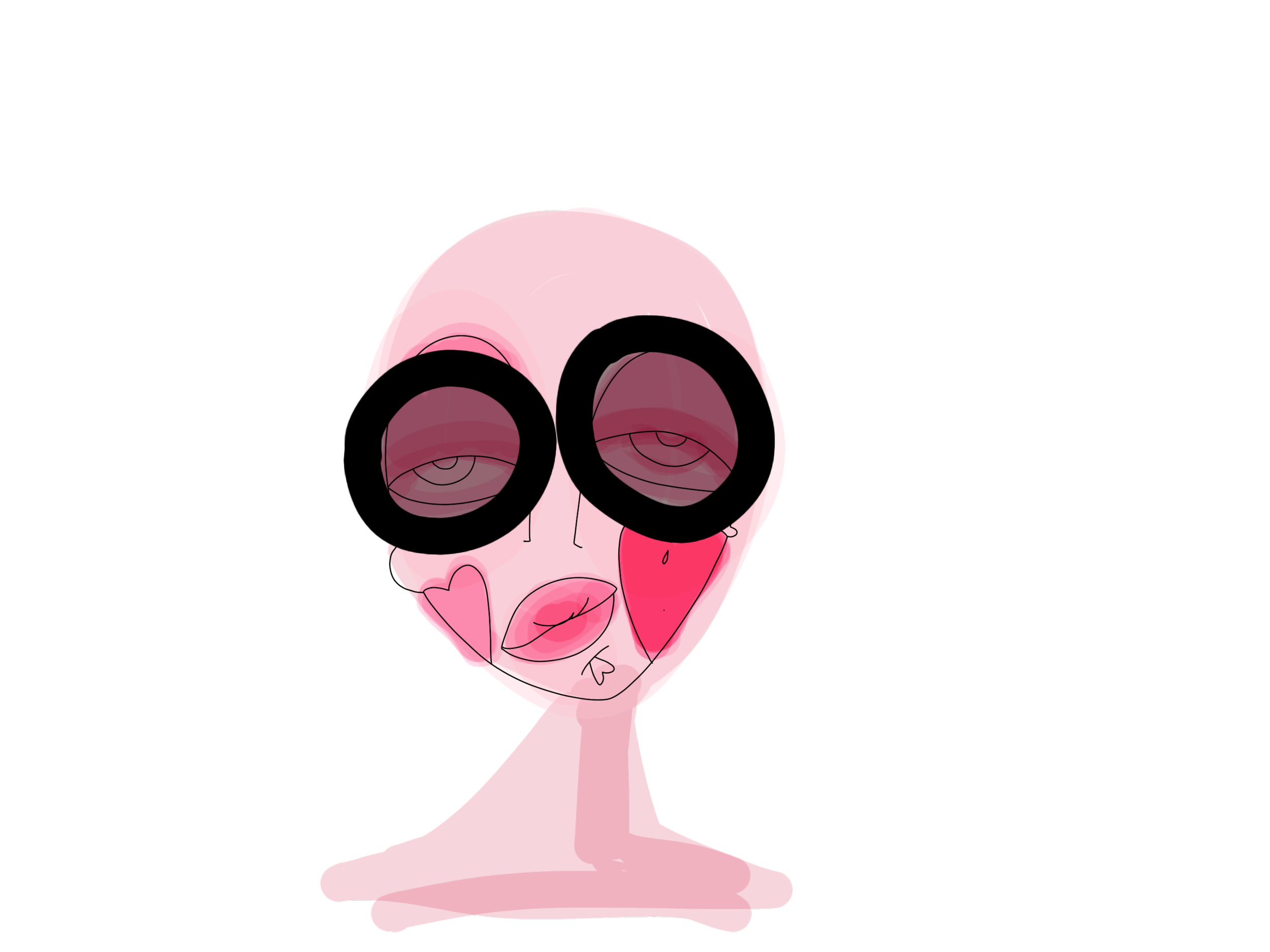 Stylized digital drawing of a woman's head with large, round black sunglasses, pink lipstick, and pink hearts on cheeks, against a black background.