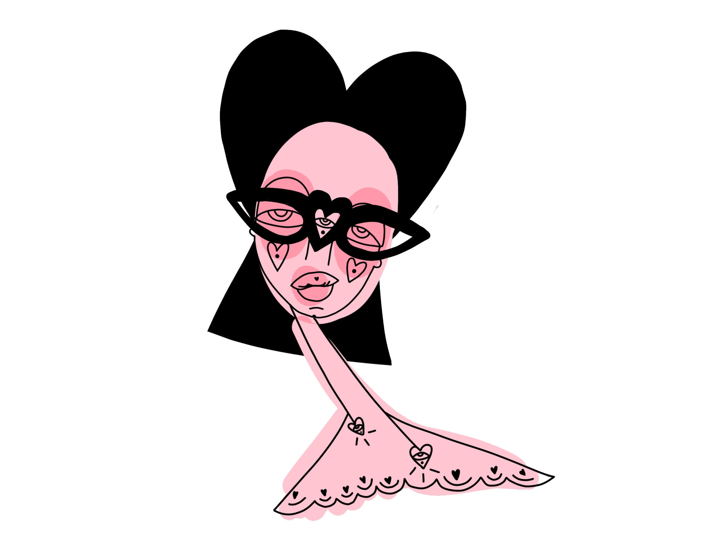 A stylized cartoon drawing of a person with a bald head wearing large heart-shaped glasses. They are resting their face on their hand, and their clothing has heart patterns.