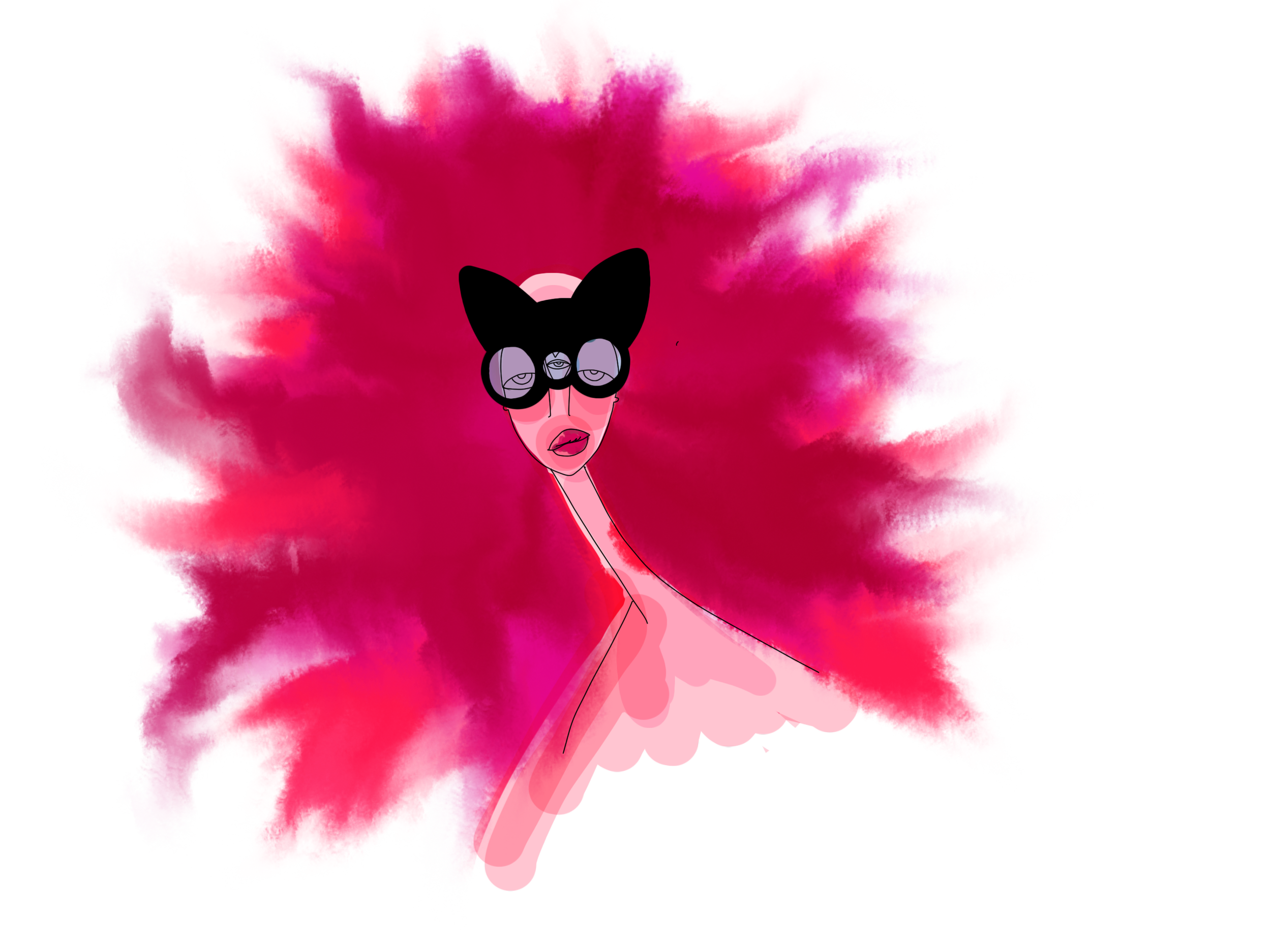 A digital illustration of a woman with a large, bright pink, fluffy hairstyle. She wears oversized glasses with a black cat-ear headband on top and has pink lipstick.