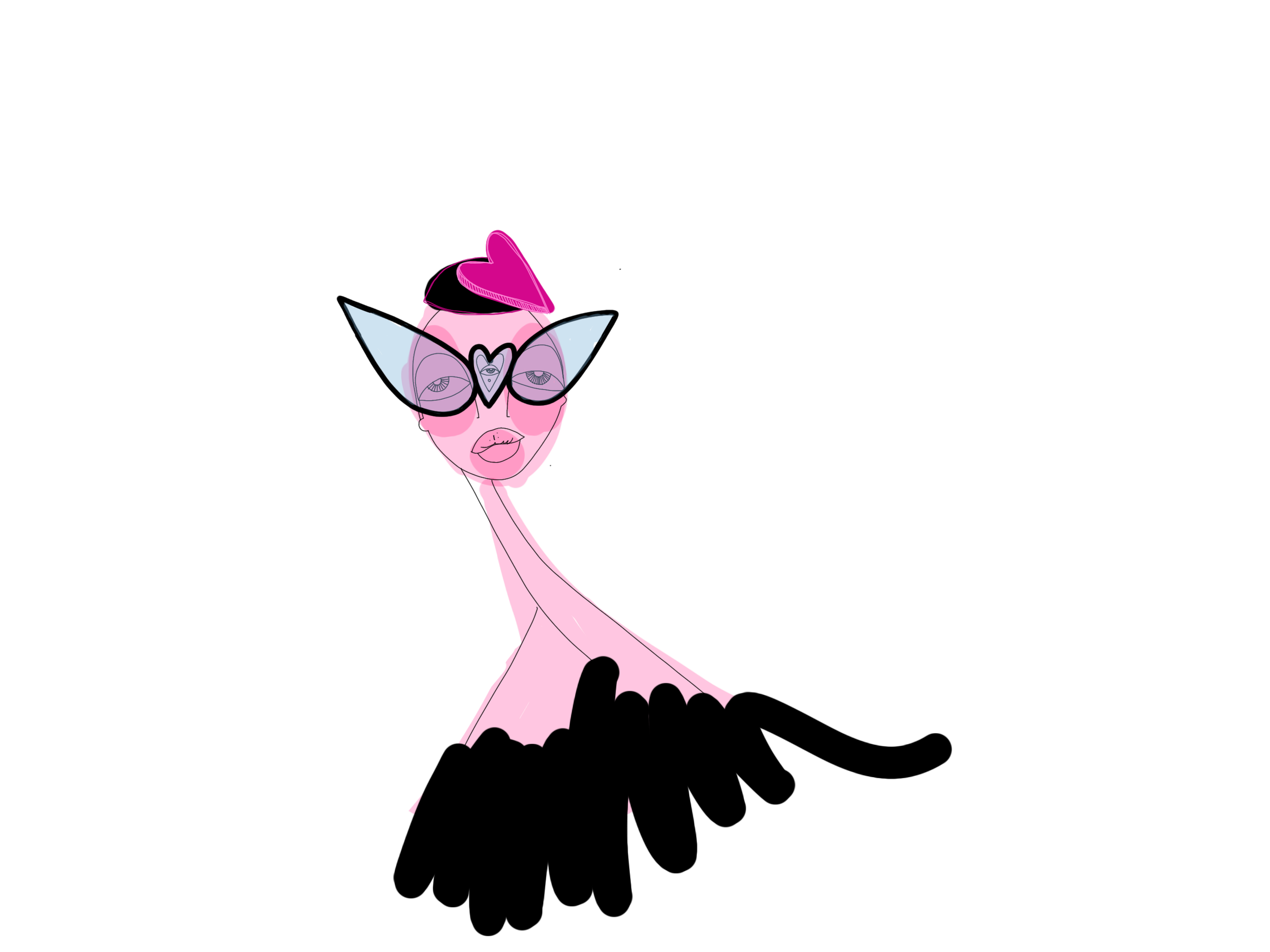 Stylized digital drawing of a woman with pink skin, wearing large glasses with heart-shaped details, and blue butterfly-like wings on her face. She has a pink heart-shaped accessory on her head and a long pink neck. The background is black.