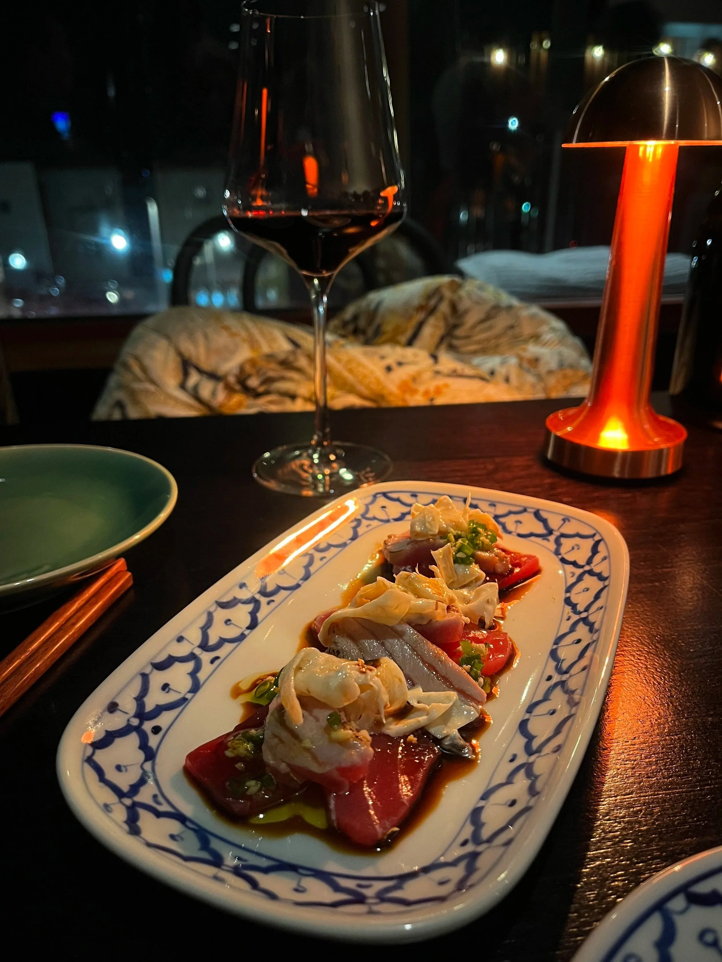 A plate of blue fin tuna with ginger dressing at Teddy's wine bar