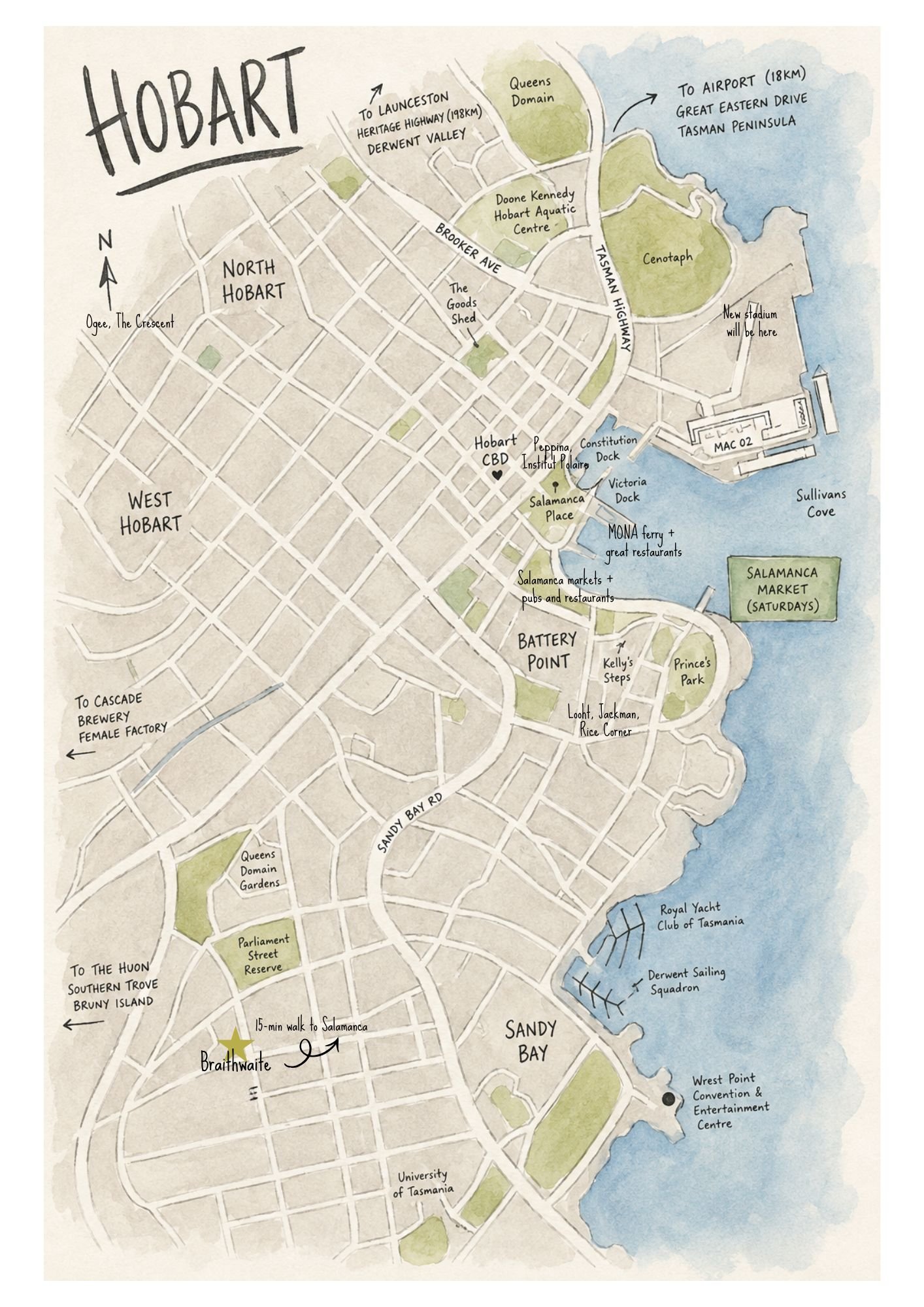 A hand drawn map of central Hobart