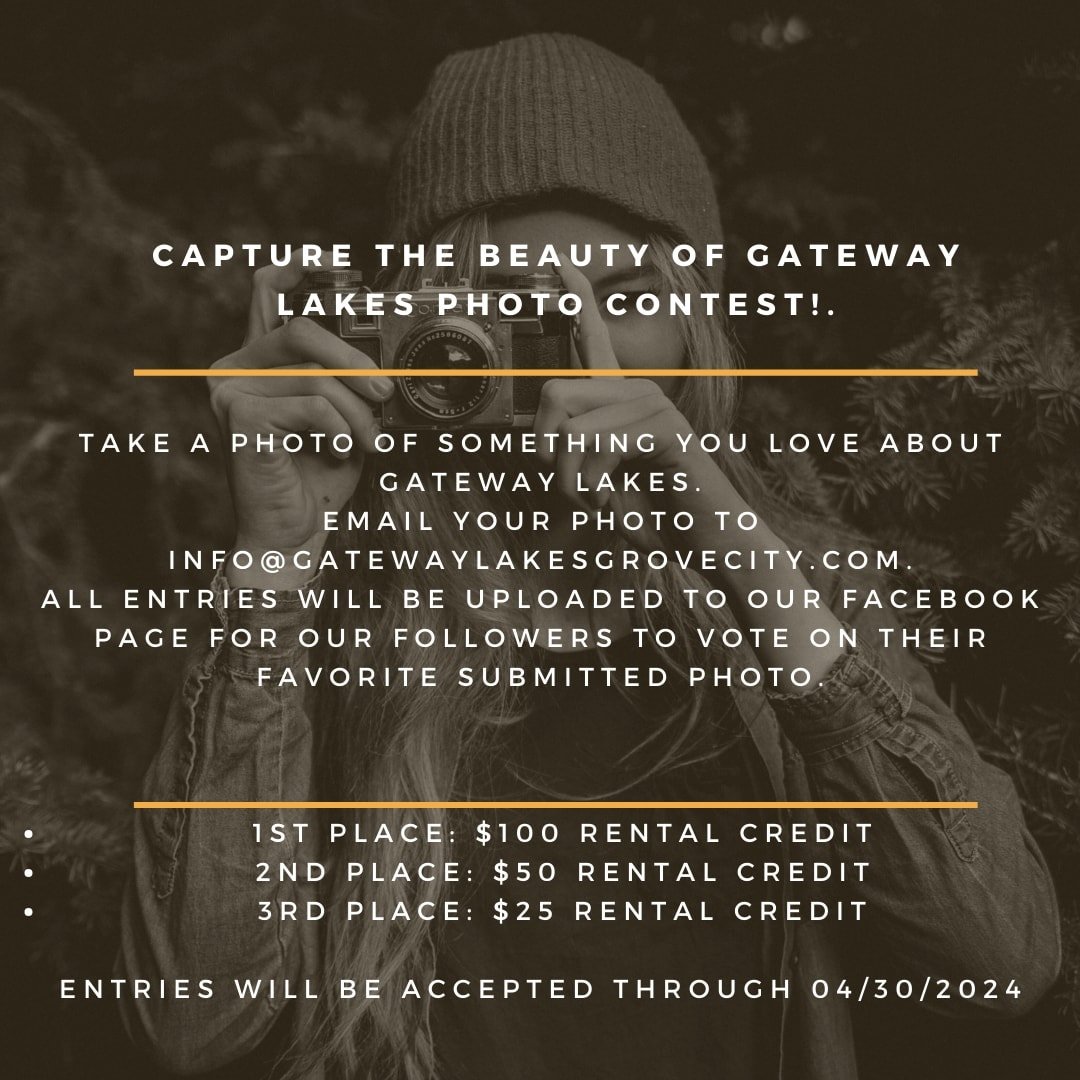 📸 Capture the Beauty of Gateway Lakes Photo Contest! 🌟
Starting today through April 30, 2024, unleash your inner photographer and capture what you love most about Gateway Lakes! Simply snap a photo and send it to us at info@gatewaylakesgrovecity.co