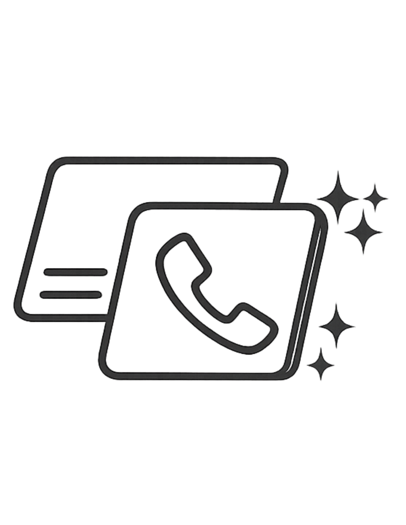 Icon of a telephone handset inside a square with rounded corners, with sparkles around it.