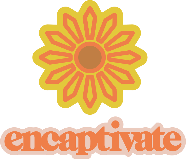 A stylized sunflower with orange petals and brown center, and the word "enucaptivate" in orange text below.