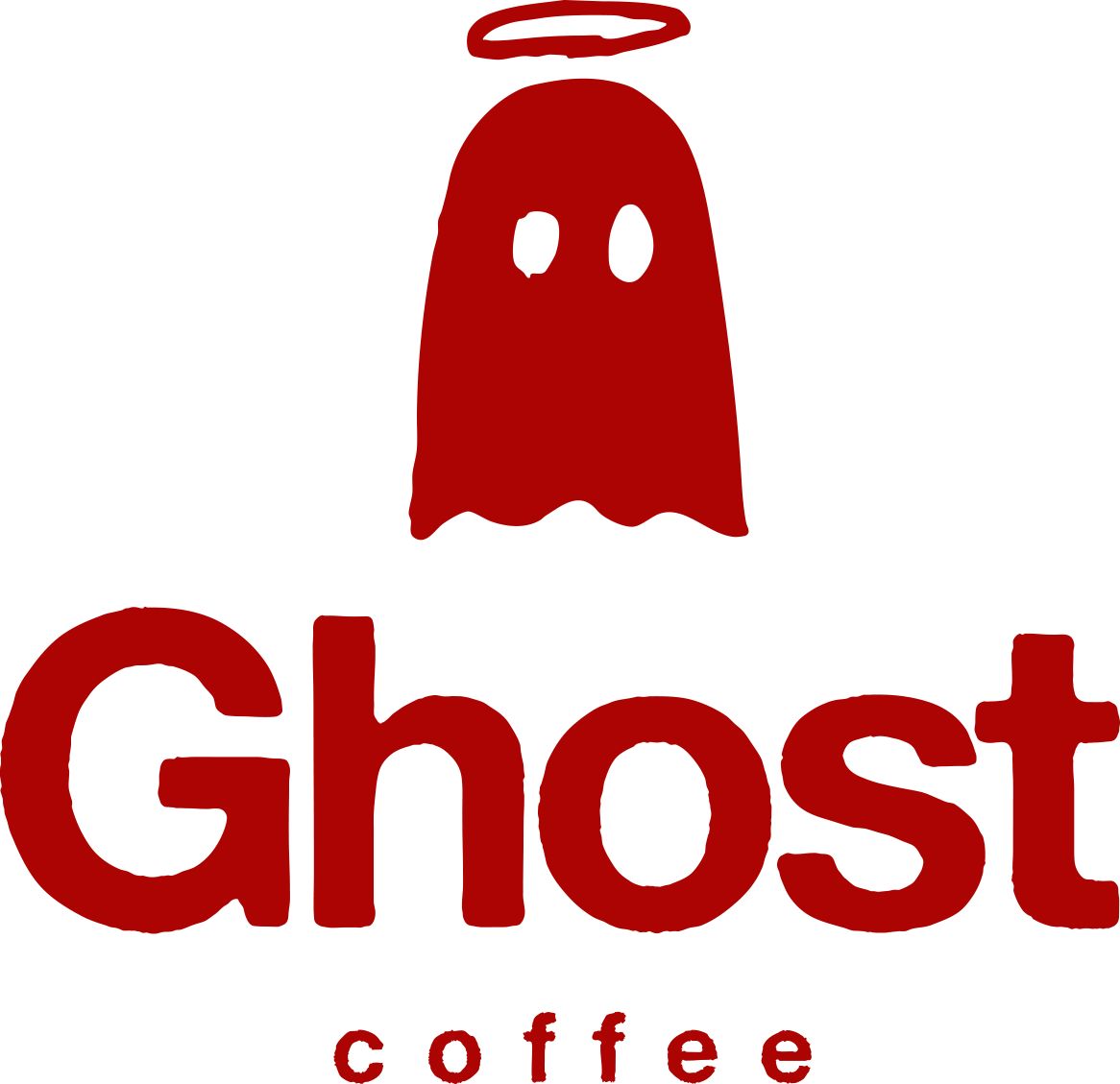 Logo of Ghost Coffee featuring a red ghost character with black eyes and a halo above its head, with the word 'Ghost' in large red letters and 'coffee' in smaller red letters underneath.