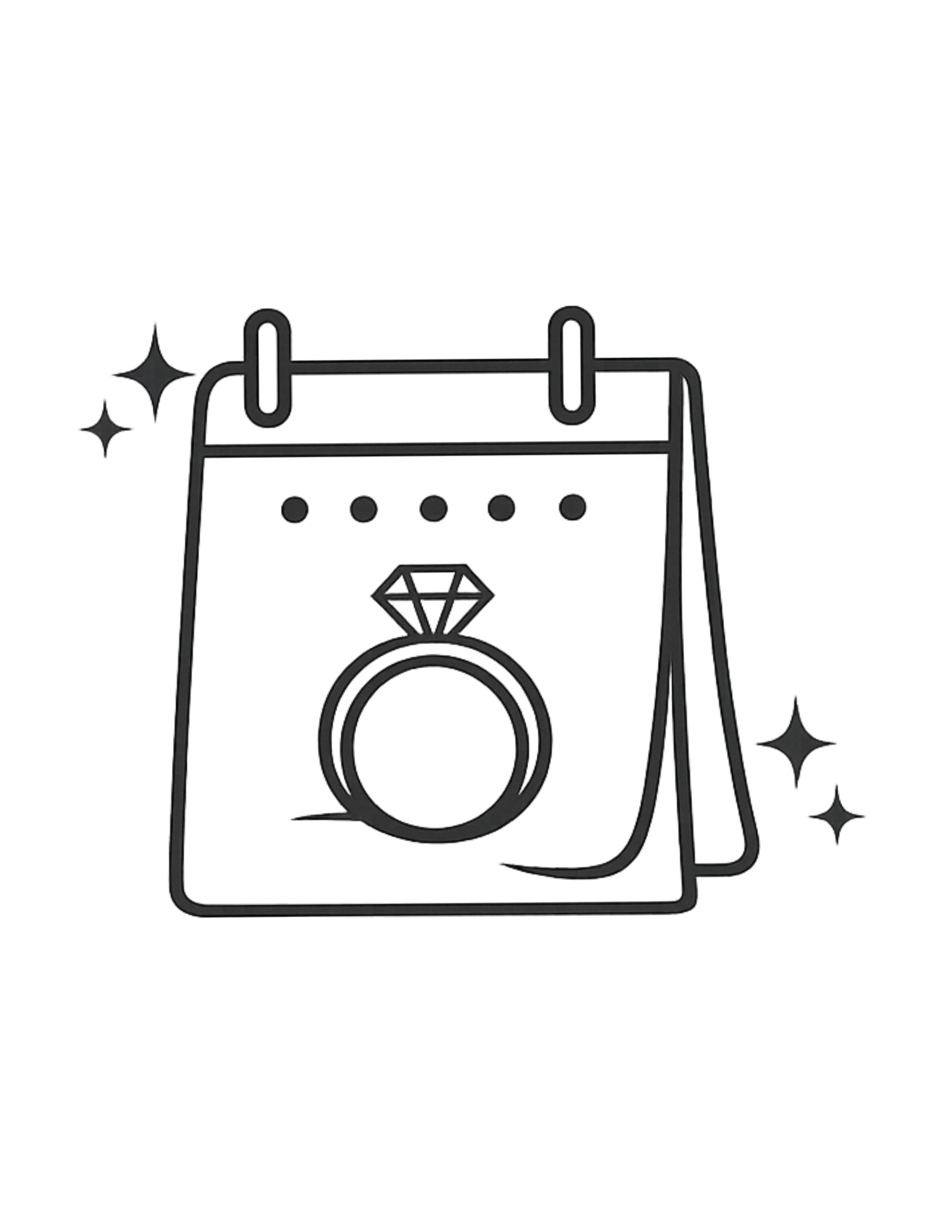 Illustration of a jewelry display with an engagement ring, showcasing an oval diamond set in a solitaire setting, hanging from a tag on a jewelry stand against a black background with sparkles.