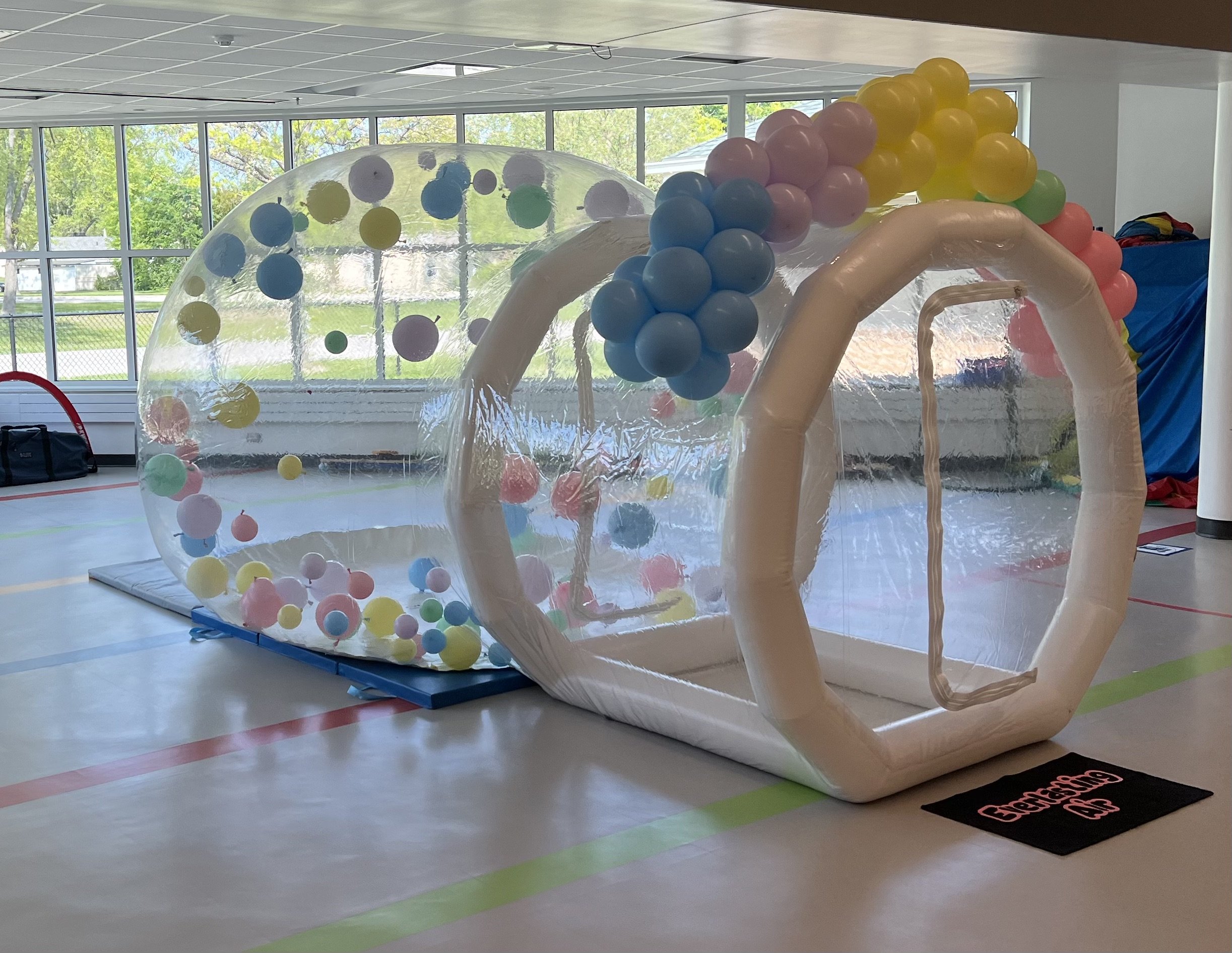 Inflatable bubble tunnel with colored balls inside, set up indoors in a gymnasium with large windows showing trees outside.