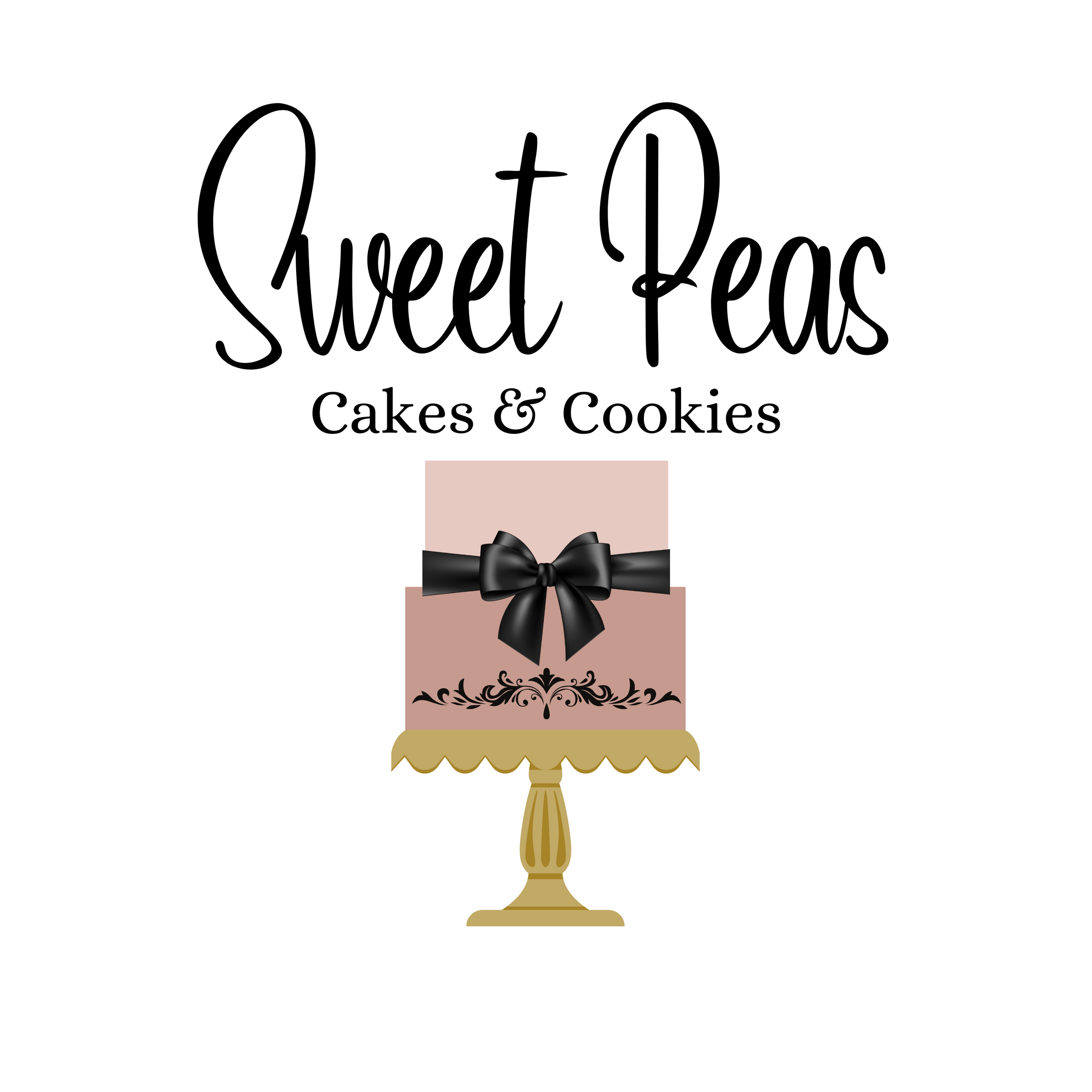 Sign with the text 'Sweet Peas Cakes & Cookies' and an illustration of a pink gift box with a black ribbon, on a gold stand.