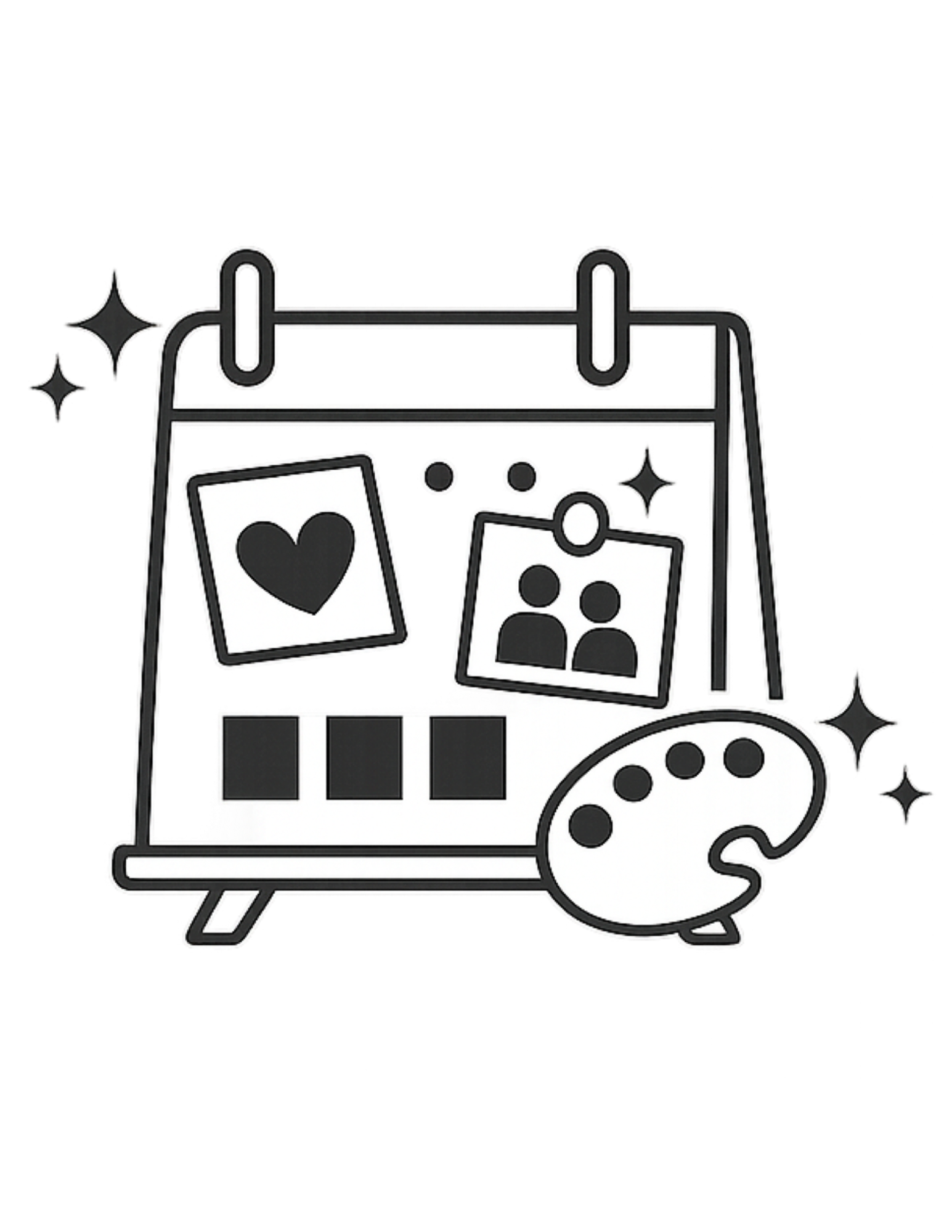 Black and white digital illustration of a photo collage with a heart symbol, group of people, and paint palette, held by a sticky note and hanging clips, with sparkling effects.