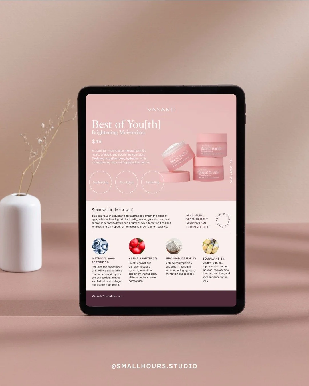 Following Vasanti's new brand identity, we redesigned their internal and external marketing assets, website, and social media presence. 

#branding #brandidenity #webdesign #graphicdesign #ecommerce #cosmetics #smallbusiness #smallhoursstudio