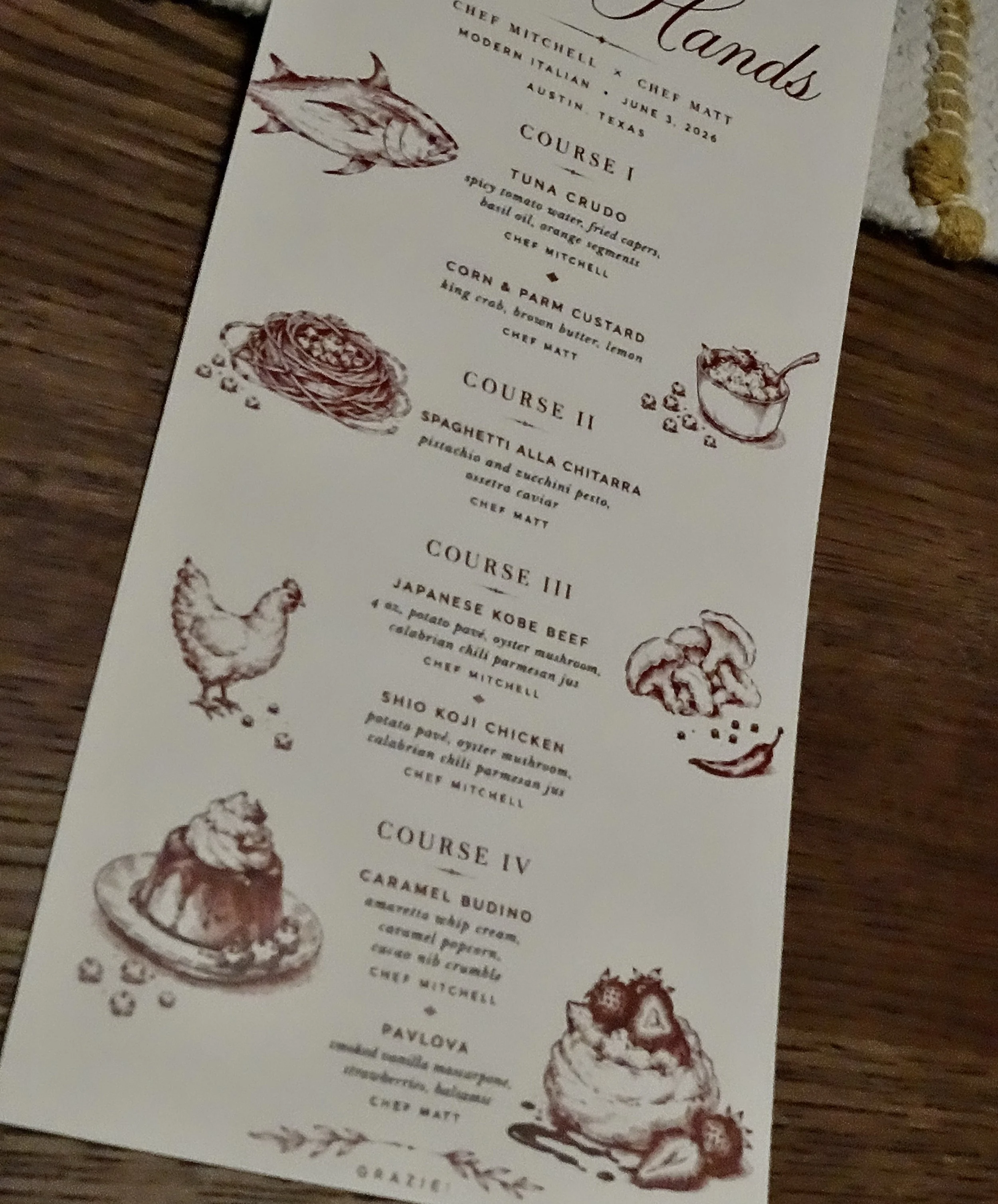 Chef collaboration menu featuring modern italian influences on a five course menu