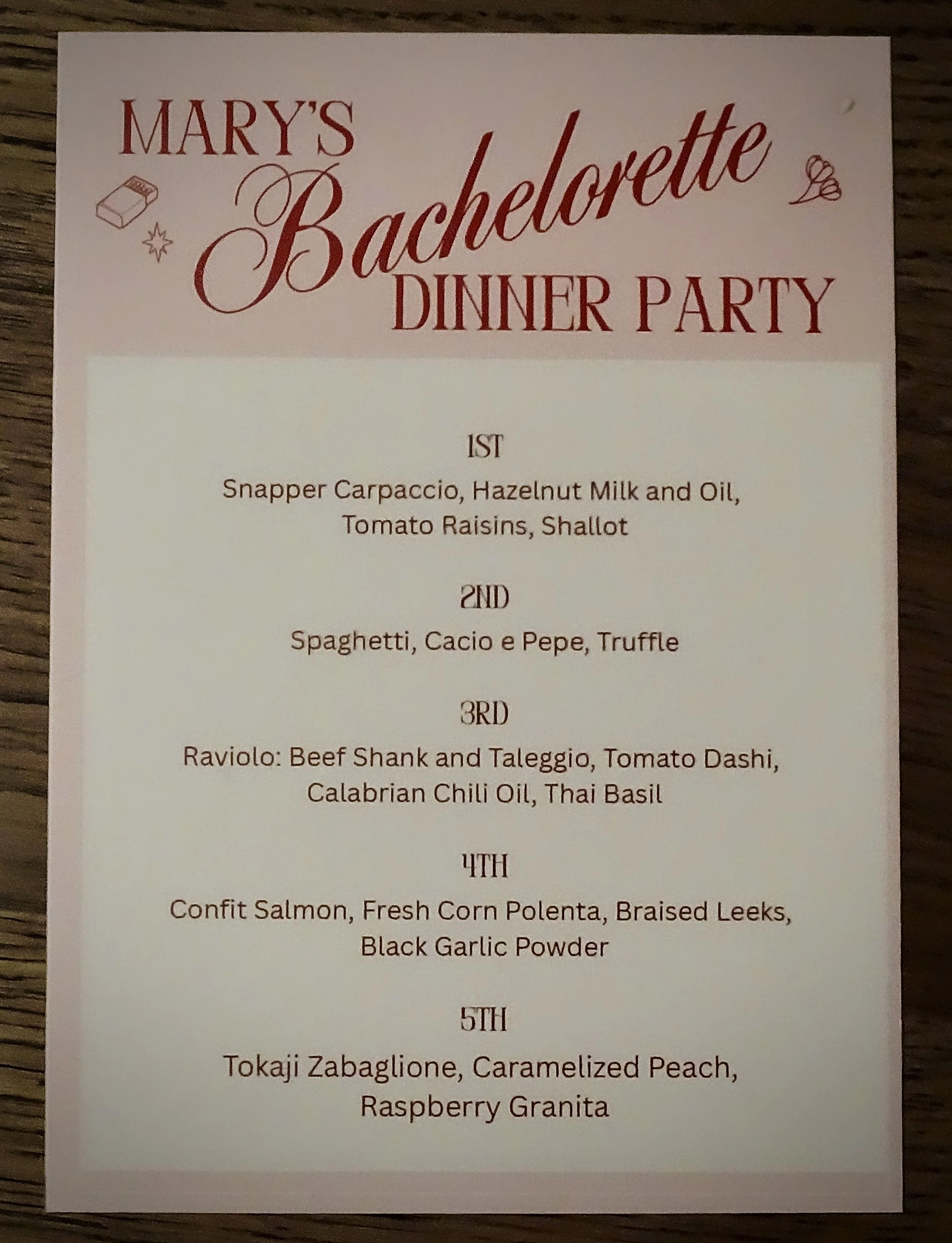 bachelorette menu for a 5 course dinner 