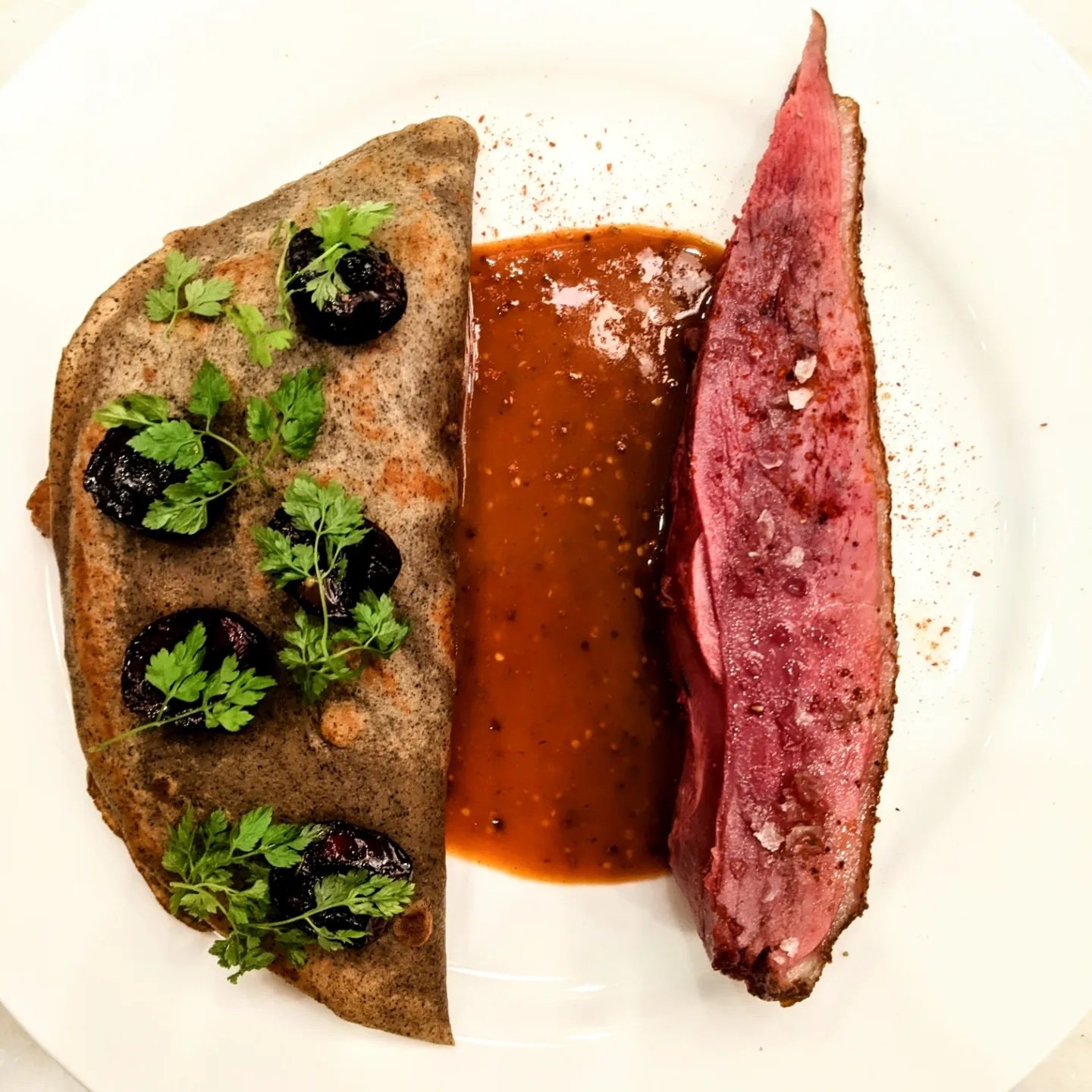 Roasted Duck Breast with Mustard Jus, Braised Leg in Buckwheat Crepes, Roasted Cherries