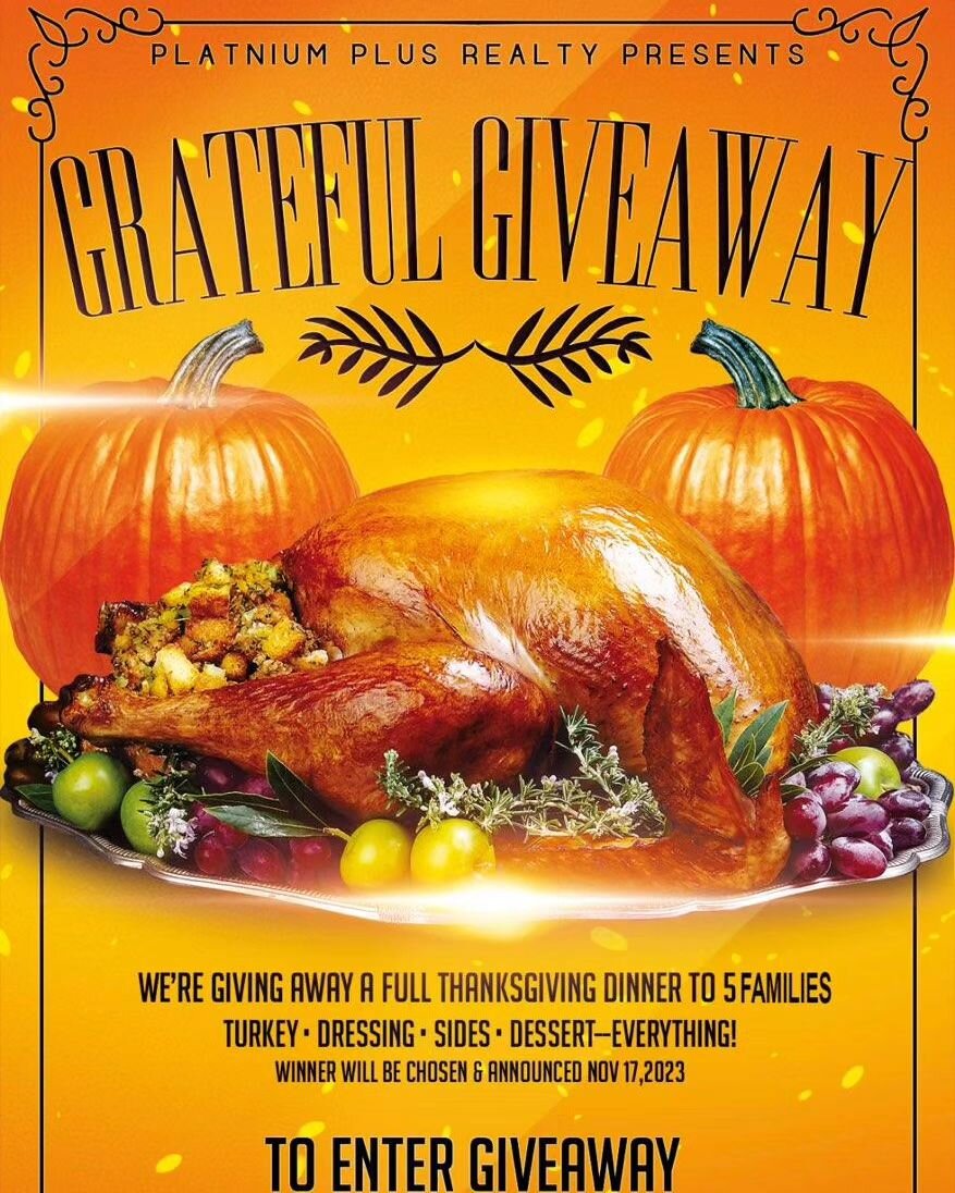 🍂🦃 Gratitude is in the air! 🦃🍂 Our hearts are full, and we want to fill your table too! 🍽️✨

This Thanksgiving, we're hosting a Grateful Giveaway to give back to our amazing community. 🥰🏡 We're giving away 5 FULL Thanksgiving meals that will w