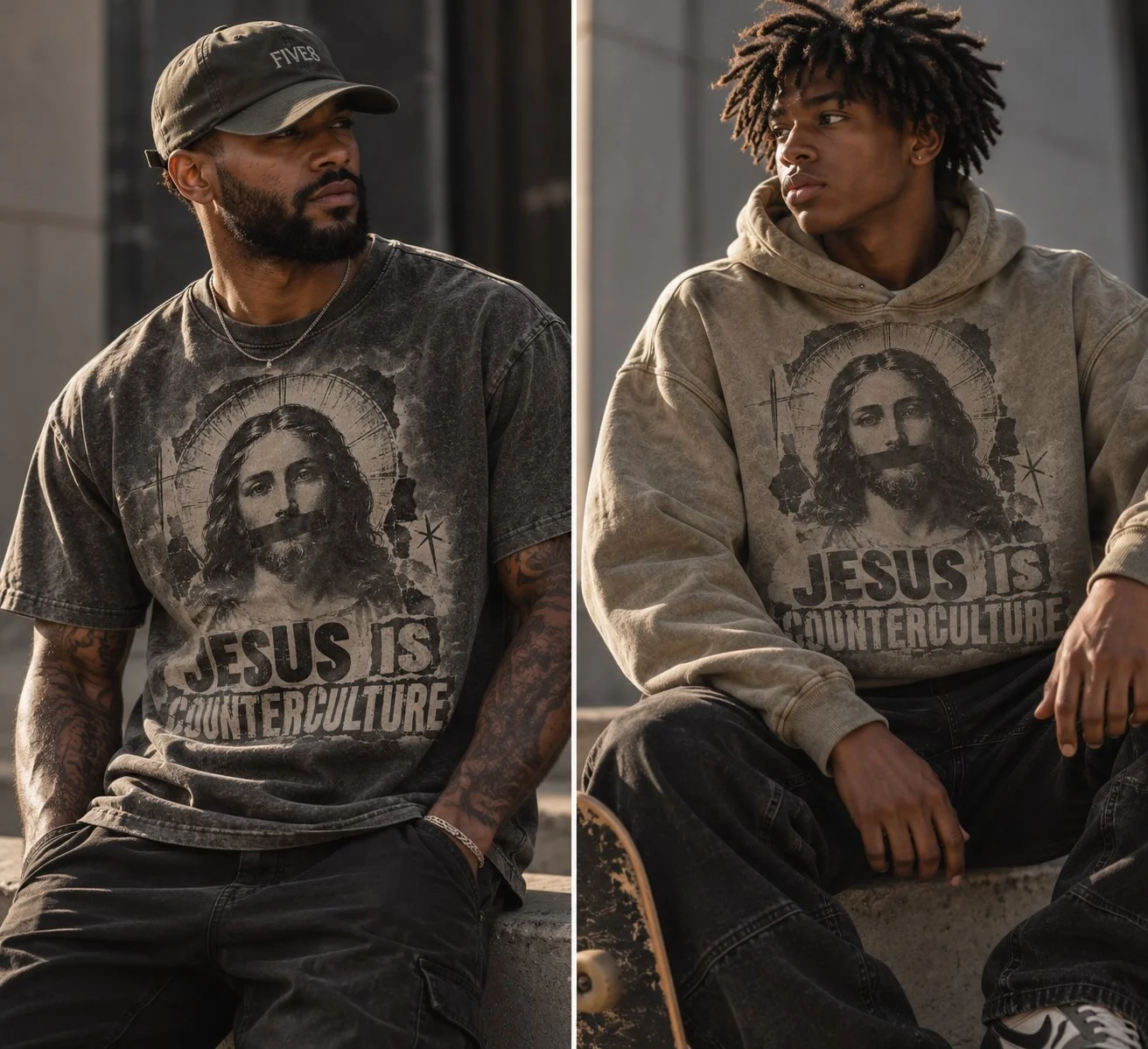 Two Jesus Is Counterculture mockups: a man in a washed charcoal tee and a young man in a tan hoodie, each printed with a halftone portrait of Jesus with a black bar across the mouth above the title