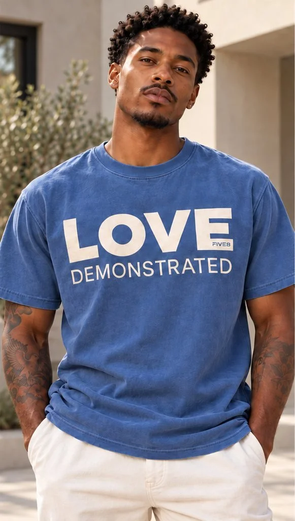 A man in a faded blue tee printed with LOVE in large cream letters above the word DEMONSTRATED, standing in front of a pale building