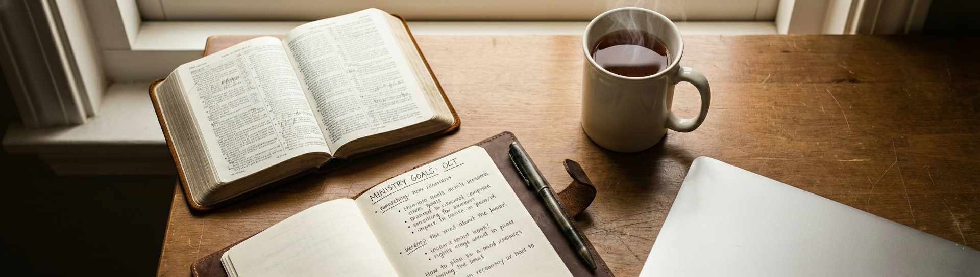 A wooden desk with an open book, a notebook with handwritten notes titled 'Ministry Goals: Oct', a pen, a steaming cup of coffee, and a closed laptop, positioned near a window.