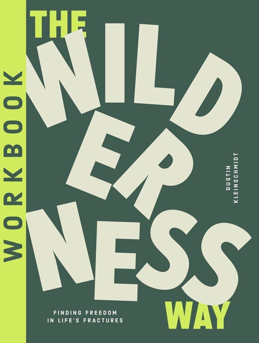 The Wilderness Way workbook cover with a lime spine reading WORKBOOK beside the same tilted cream title on deep green