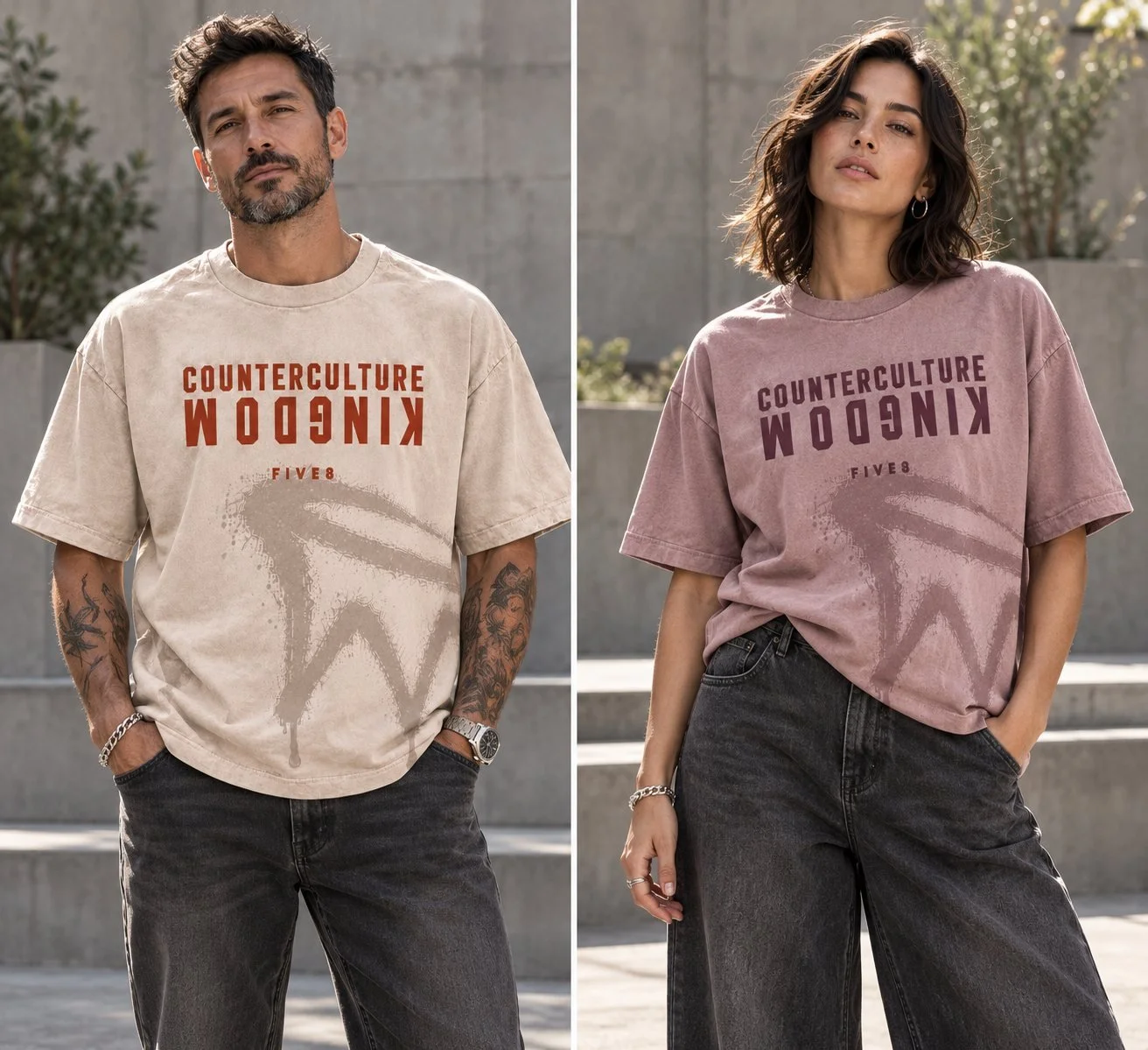 Two Counterculture Kingdom tee mockups, a man in beige with a rust print and a woman in mauve with a plum print, each with COUNTERCULTURE above an upside-down KINGDOM and a sprayed mark below