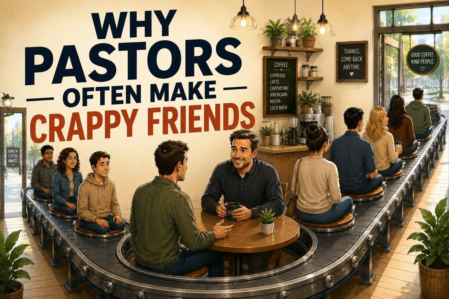 Article illustration: friends seated on a conveyor belt around coffee shop tables beneath the title Why Pastors Often Make Crappy Friends