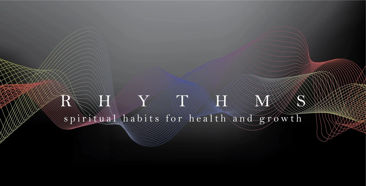 Rhythms sermon series artwork: colored line waves across a black field with the title and subtitle spiritual habits for health and growth