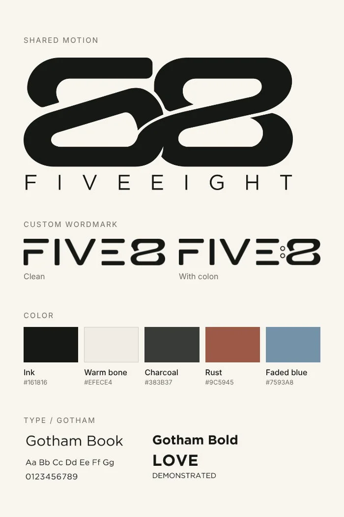 FIVE8 identity card: the looping 5 and 8 mark above the spaced name, the clean and colon custom wordmarks, a five-color palette of ink, warm bone, charcoal, rust and faded blue, and Gotham Book and Bold type samples